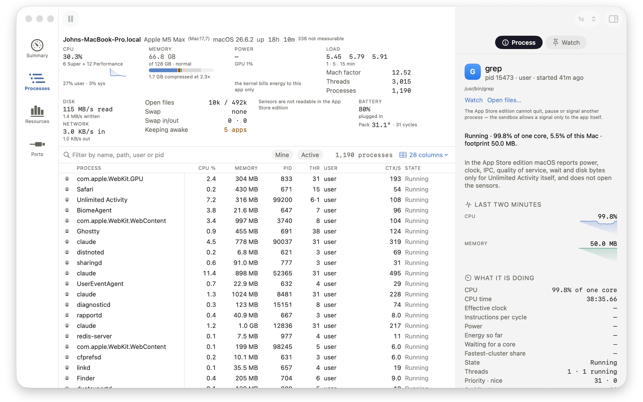 Processes on Mac &mdash; 1,190 processes in a table with CPU %, memory, pid, threads, user, context switches per second and state, under a strip with processor, memory, load, disk, network, open files and battery; the inspector on the selected grep