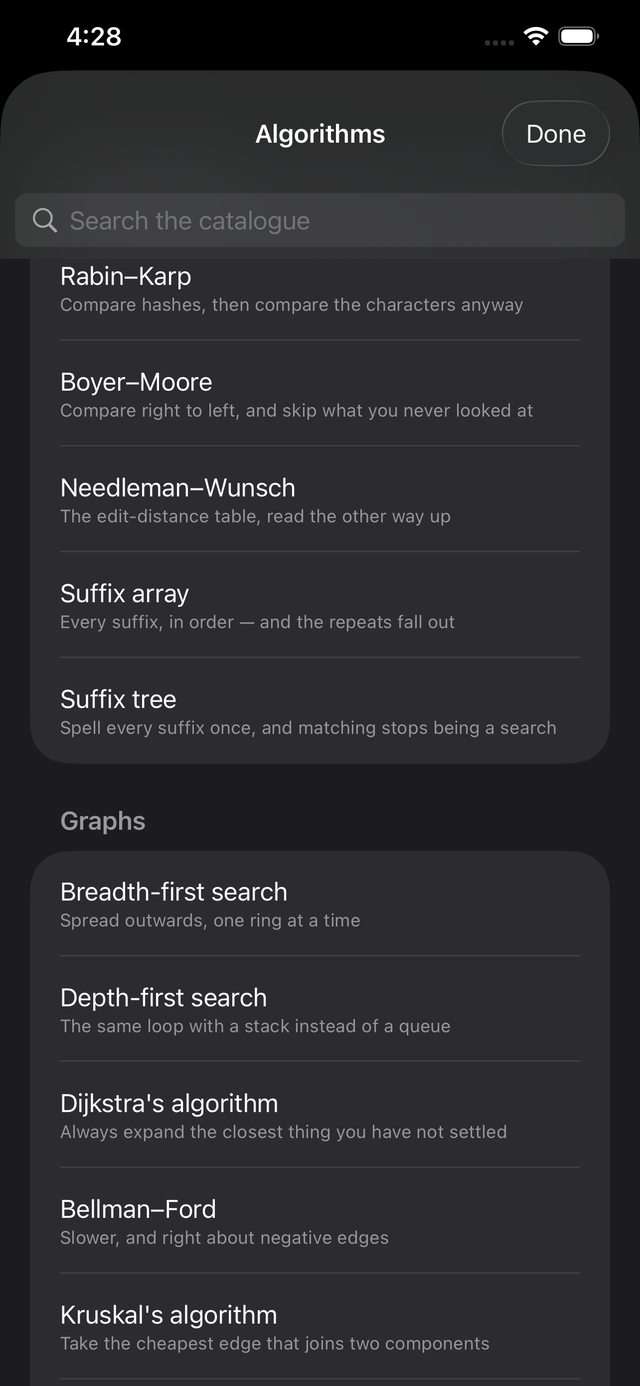 The catalogue search sheet on iPhone &mdash; Rabin&ndash;Karp, Boyer&ndash;Moore, Needleman&ndash;Wunsch, suffix array and suffix tree under string algorithms, then breadth-first search, depth-first search, Dijkstra&rsquo;s algorithm, Bellman&ndash;Ford and Kruskal&rsquo;s algorithm under Graphs, each with a one-line description of what makes it different