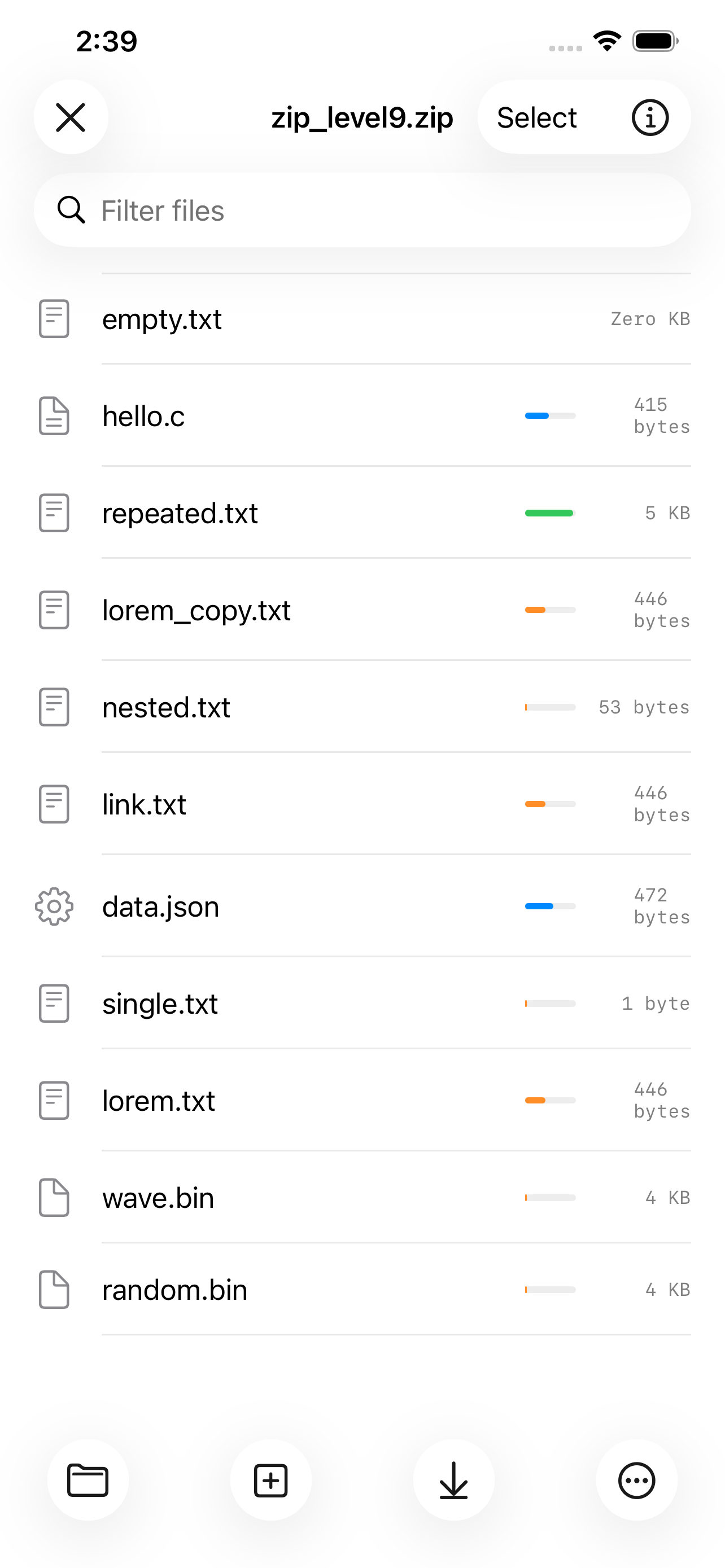 Browsing zip_level9.zip on iPhone &mdash; eleven entries from empty.txt at zero KB through hello.c, repeated.txt, lorem_copy.txt, nested.txt, link.txt, data.json, single.txt, lorem.txt, wave.bin and random.bin, each with a bar showing how well it compressed and its uncompressed size, over a filter field and a toolbar to extract, add, download or act on the selection