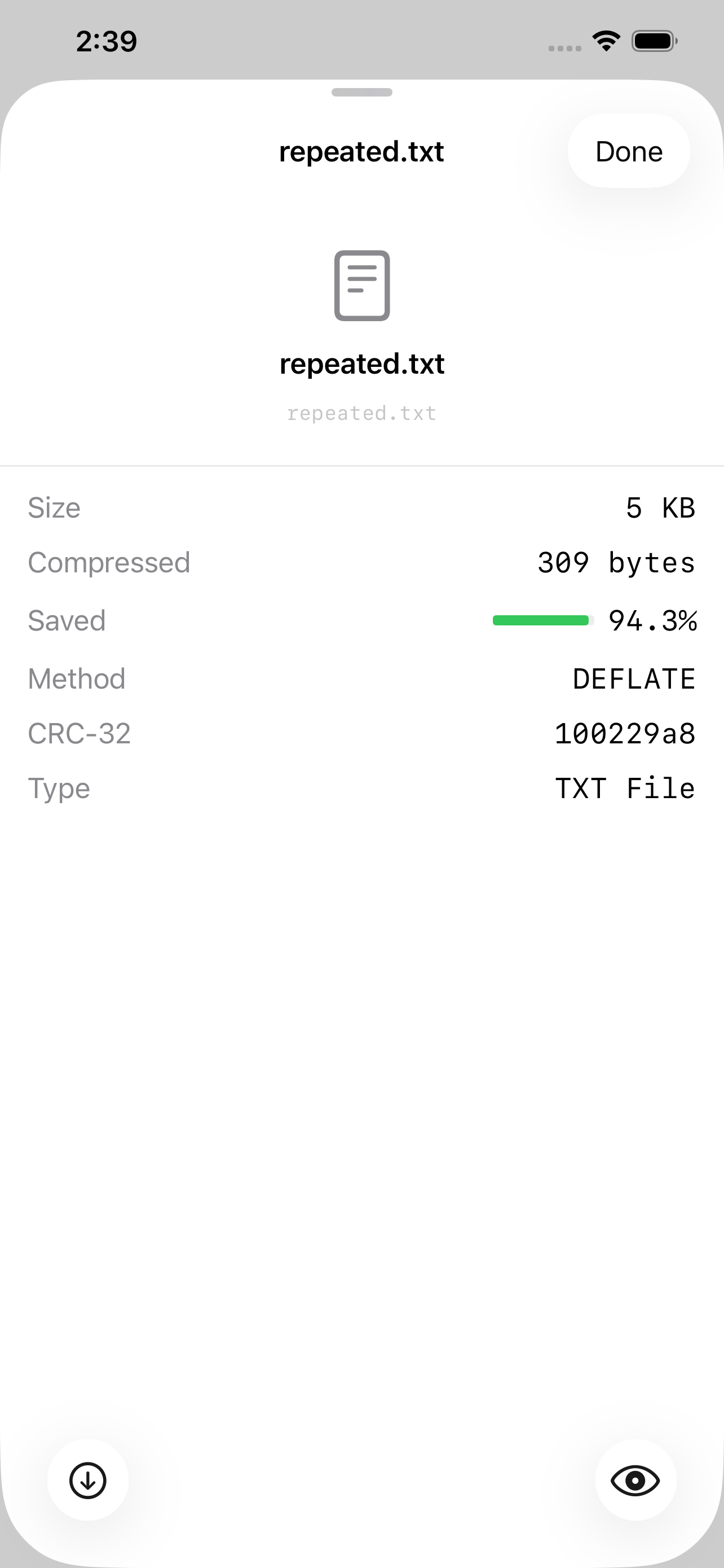 The detail sheet for one entry on iPhone &mdash; repeated.txt is 5 KB uncompressed and 309 bytes stored, 94.3% saved, method DEFLATE, CRC-32 100229a8, type TXT File, with buttons to extract it or preview it