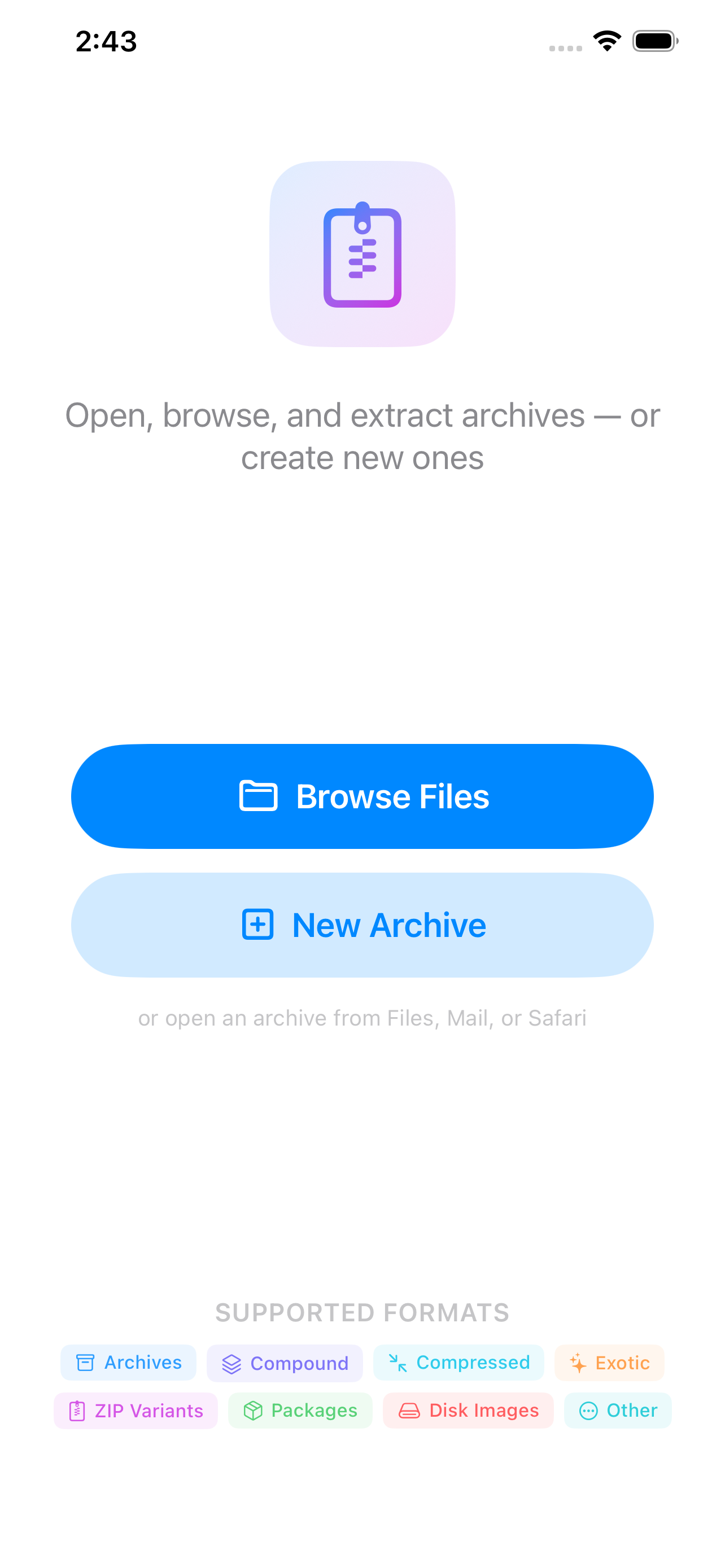 The iPhone welcome screen &mdash; &lsquo;Open, browse, and extract archives &mdash; or create new ones&rsquo;, with Browse Files and New Archive buttons, a note that an archive can also be opened from Files, Mail, or Safari, and the supported formats tagged as archives, compound, compressed, exotic, ZIP variants, packages, disk images and other