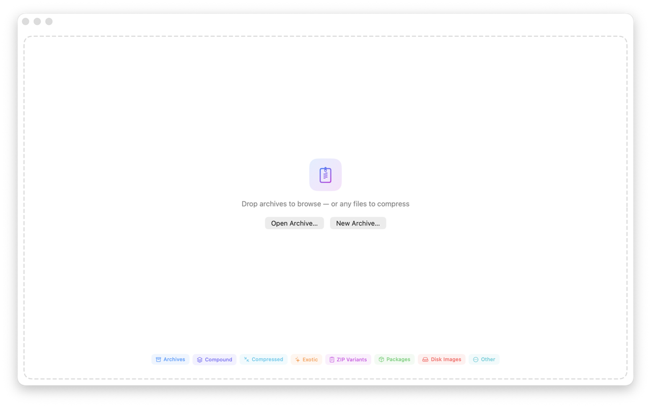 The Mac app&rsquo;s opening screen: a large dashed drop zone with the app&rsquo;s clipboard-and-zipper icon in the center, the prompt &ldquo;Drop archives to browse &mdash; or any files to compress&rdquo;, Open Archive and New Archive buttons, and a row of format-category chips along the bottom &mdash; Archives, Compound, Compressed, Exotic, ZIP Variants, Packages, Disk Images, Other