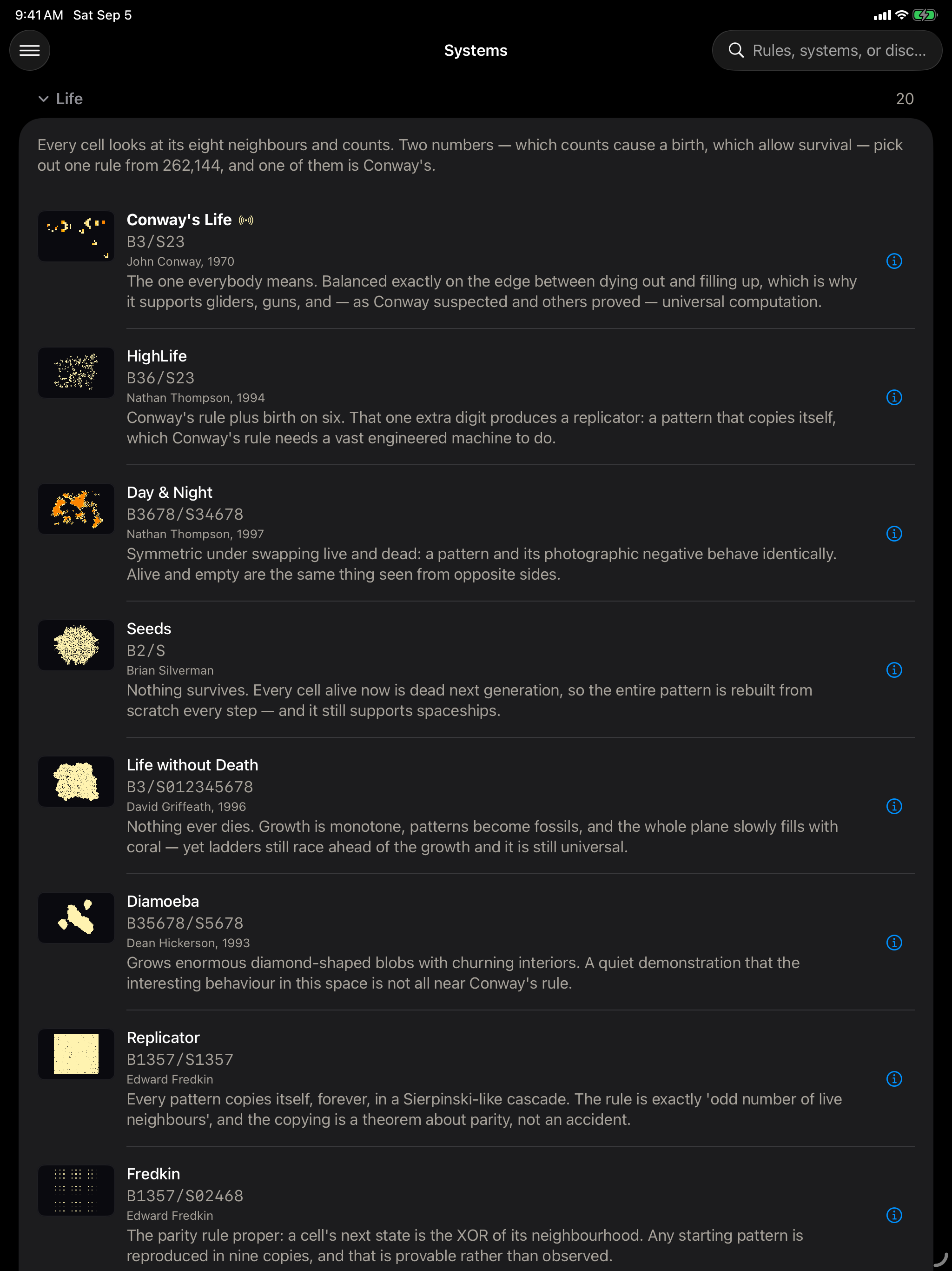 The Life family on iPad, each rule a live thumbnail