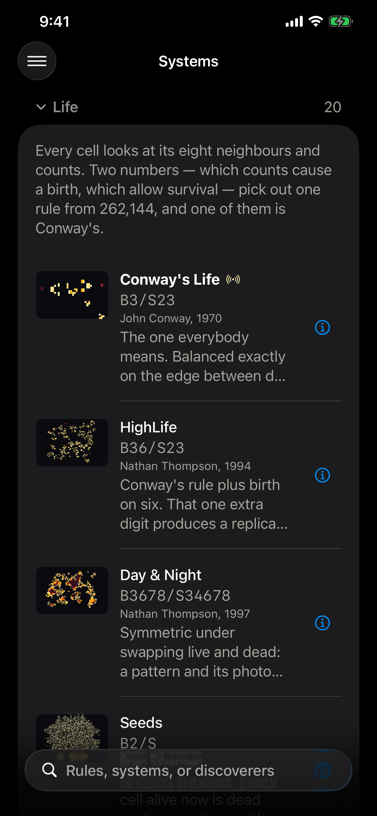 The Life family on iPhone, each rule a live thumbnail