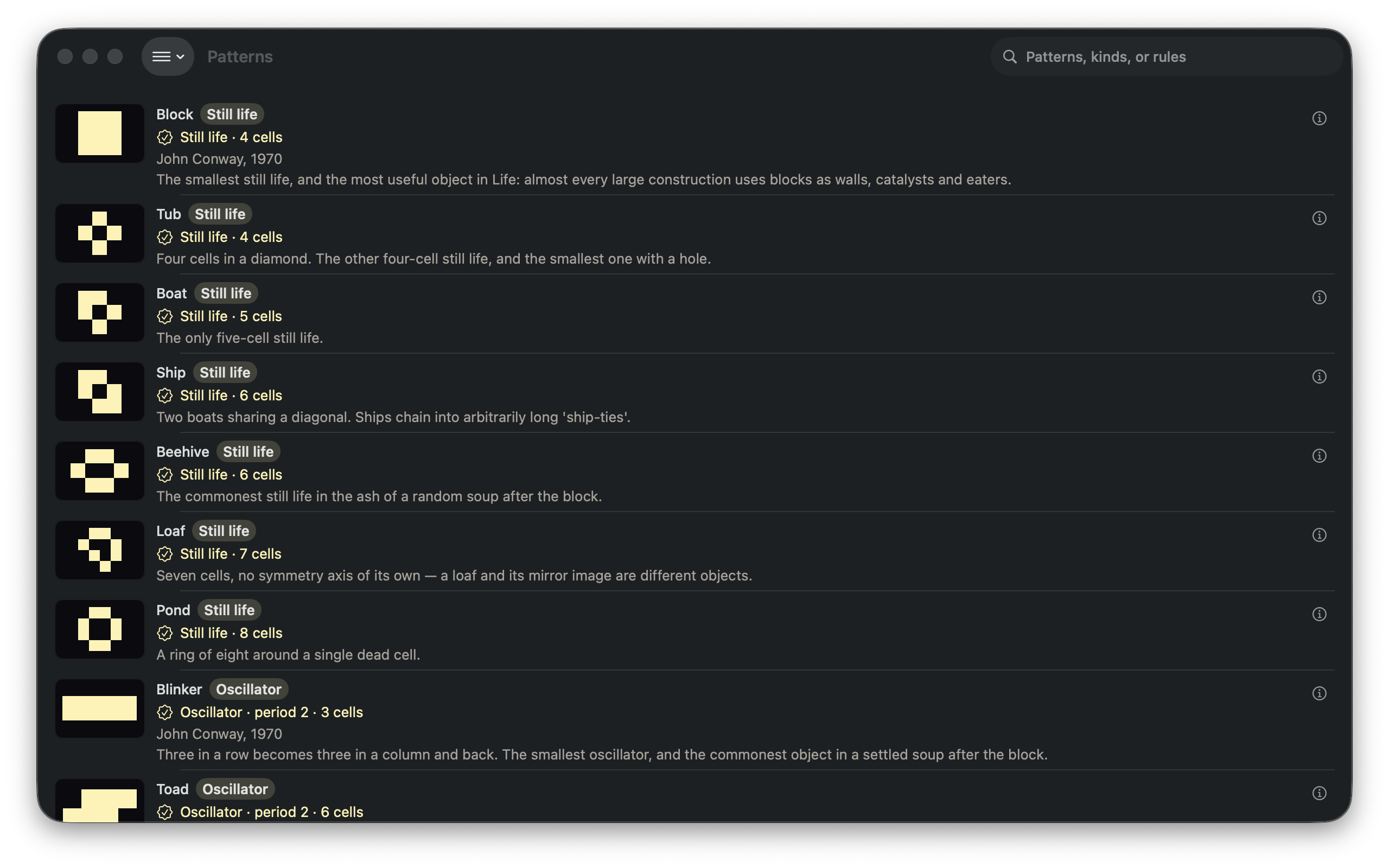 The pattern library on Mac, each row a named discovery with the property it is famous for