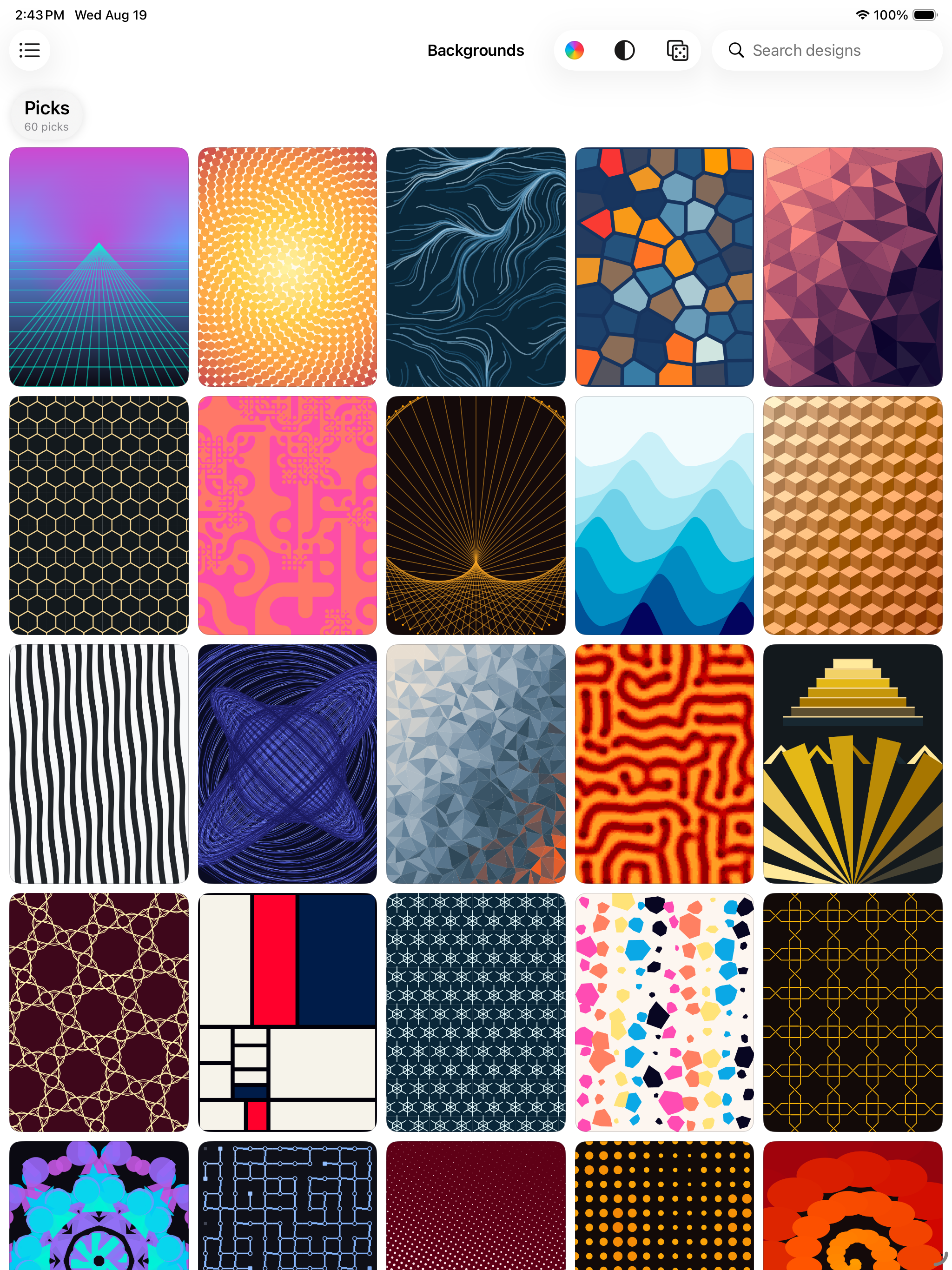 The Picks wall on iPad &mdash; sixty finished backgrounds five across, spanning a neon perspective grid, a golden spiral halftone, flowing contours, stained glass, low-poly shards, hex and star tilings, layered waves, a Mondrian grid, confetti and radial bursts, with a Search designs field in the top bar