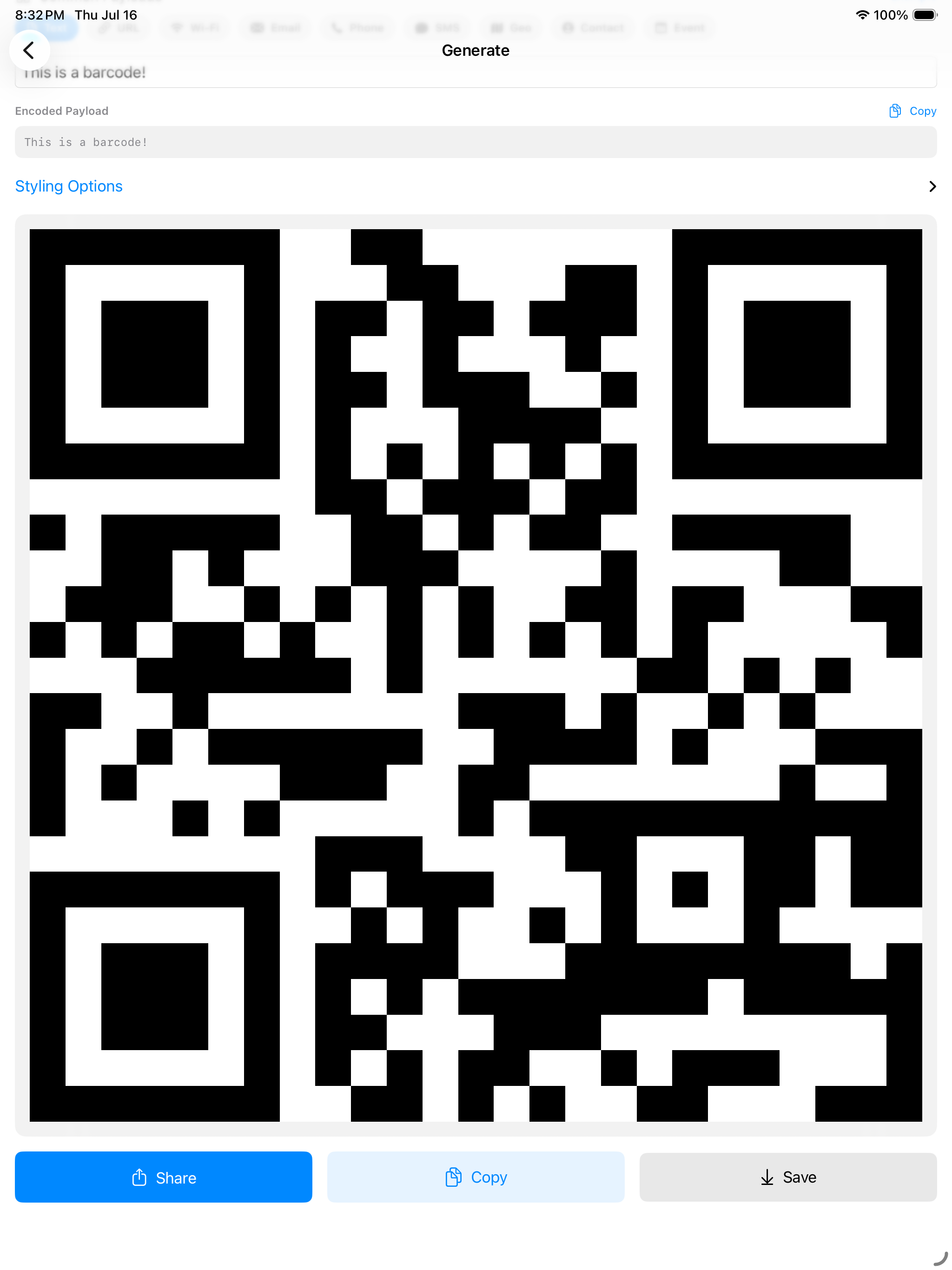 Generating on iPad &mdash; the typed payload and its encoded form above Styling Options, the rendered QR code filling the panel, and Share, Copy and Save across the bottom