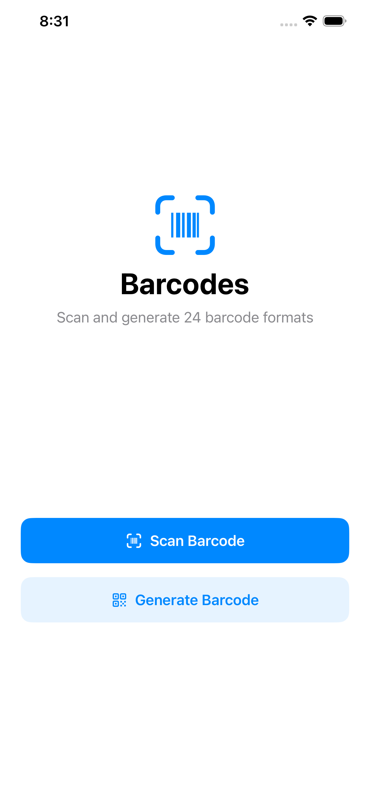 The iPhone welcome screen &mdash; &lsquo;Scan and generate 24 barcode formats&rsquo; under the app mark, with Scan Barcode and Generate Barcode buttons