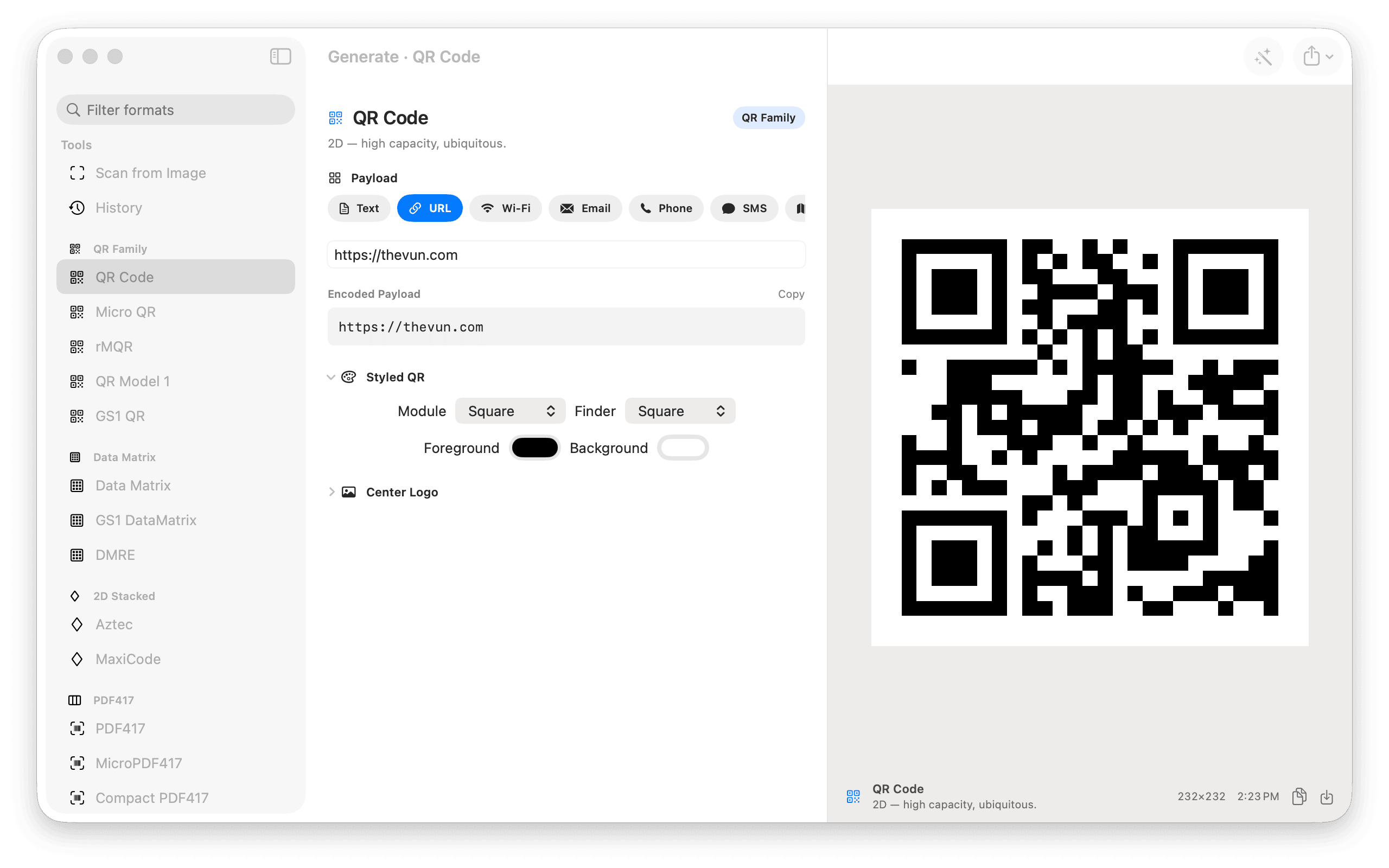 The Generate view on the Mac — QR Code chosen from the format sidebar, a URL payload typed in one tap, Styled QR module and finder shape controls, and the finished code in the live preview ready to export