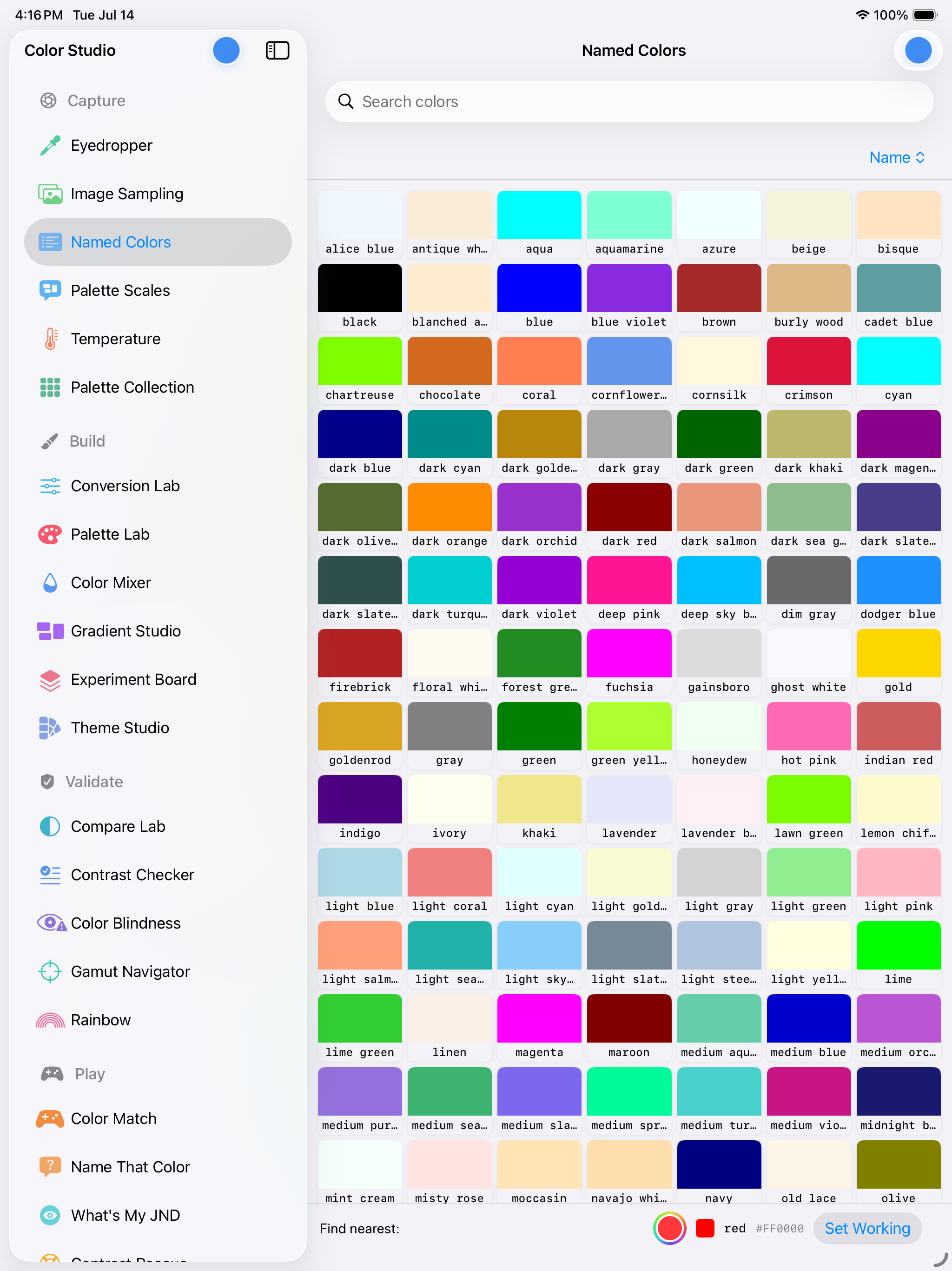 Named Colors on iPad &mdash; the CSS named colours laid out as a grid of labelled swatches from alice blue and antique white through crimson, dodger blue, fuchsia, indigo and lawn green to navajo white and olive, with a &lsquo;find nearest&rsquo; bar resolving the working colour to red #FF0000