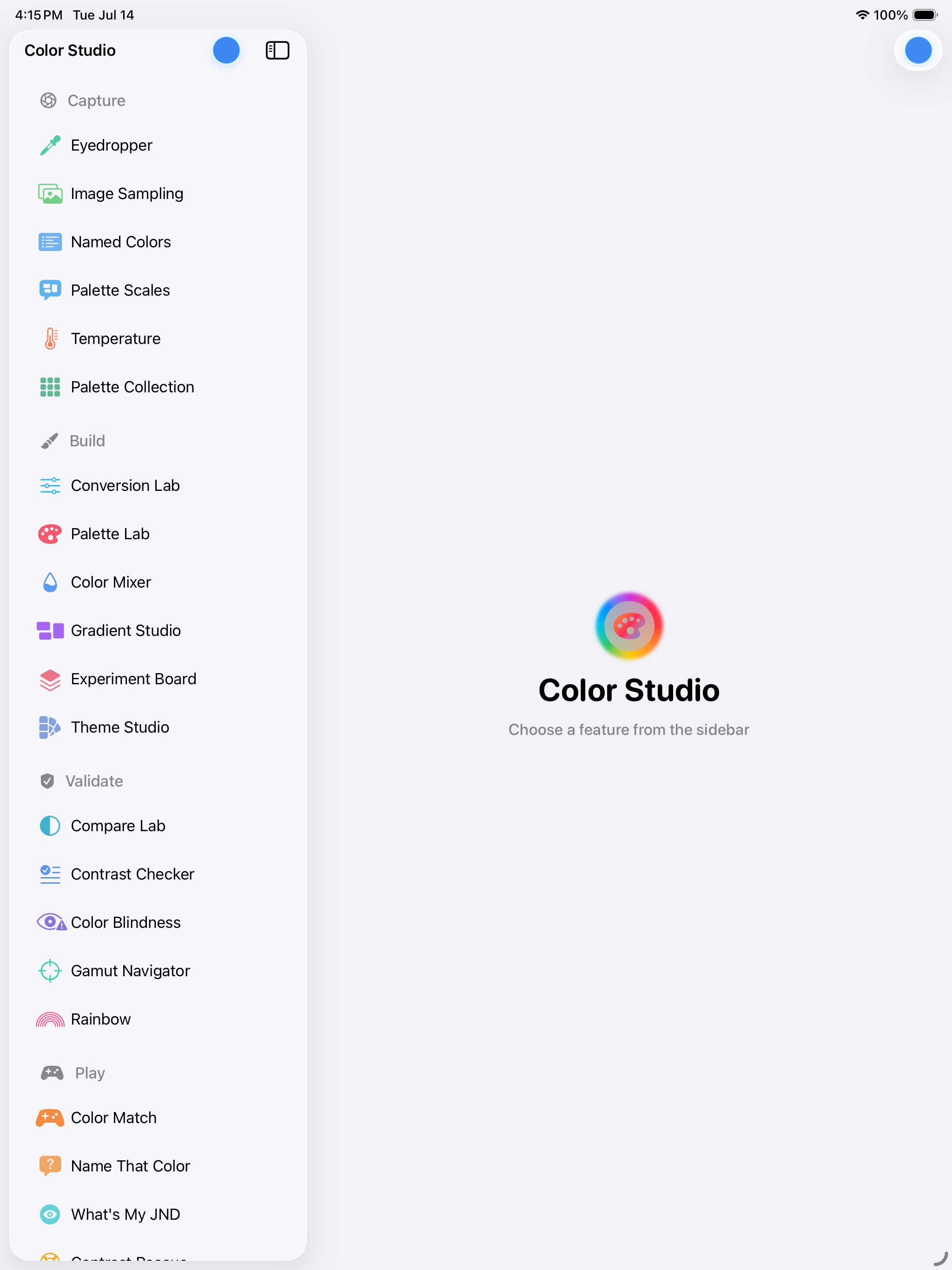 The full tool list on iPad &mdash; Capture (Eyedropper, Image Sampling, Named Colors, Palette Scales, Temperature, Palette Collection), Build (Conversion Lab, Palette Lab, Color Mixer, Gradient Studio, Experiment Board, Theme Studio), Validate (Compare Lab, Contrast Checker, Color Blindness, Gamut Navigator, Rainbow) and Play (Color Match, Name That Color, What&rsquo;s My JND, Contrast Rescue)