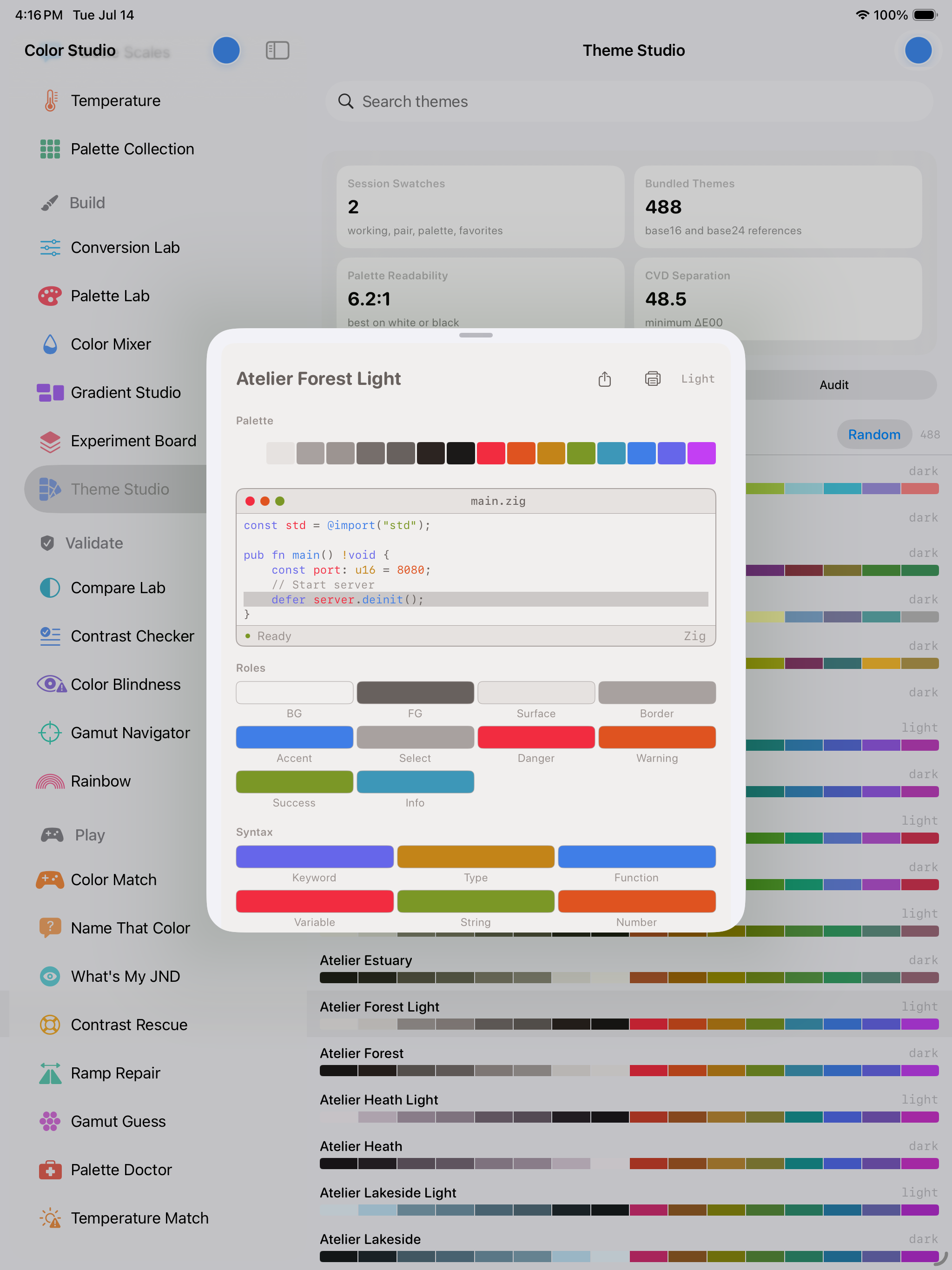 Theme Studio on iPad &mdash; 488 bundled base16 and base24 references listed as ramps tagged light or dark, with session readouts for palette readability at 6.2:1 and CVD separation at 48.5 minimum &Delta;E00, and Atelier Forest Light opened over them showing its palette, a syntax preview and its role and syntax assignments