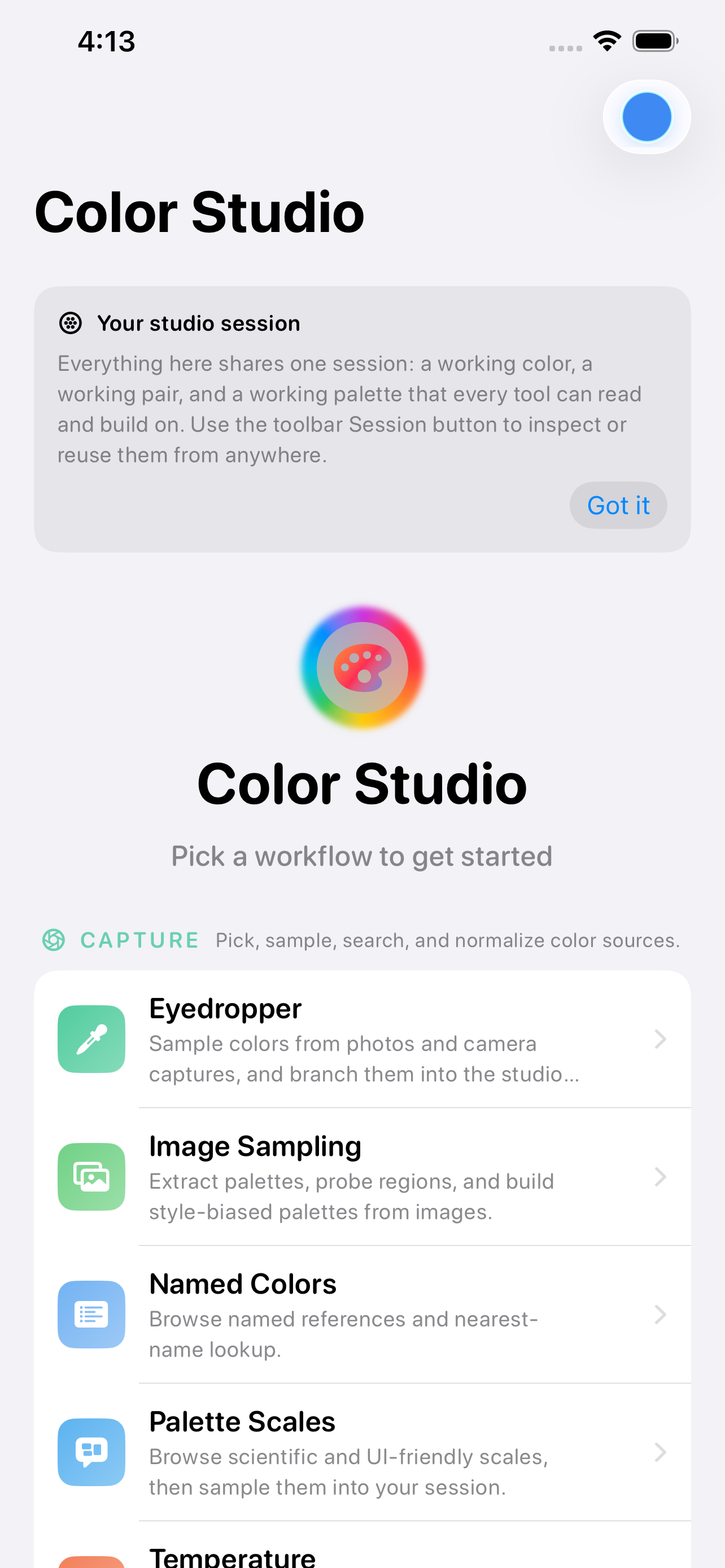 The workflow list on iPhone &mdash; a &lsquo;Your studio session&rsquo; card explaining that a working colour, a working pair and a working palette are shared by every tool, then the CAPTURE group offering Eyedropper, Image Sampling, Named Colors, Palette Scales and Temperature, each with a line on what it does