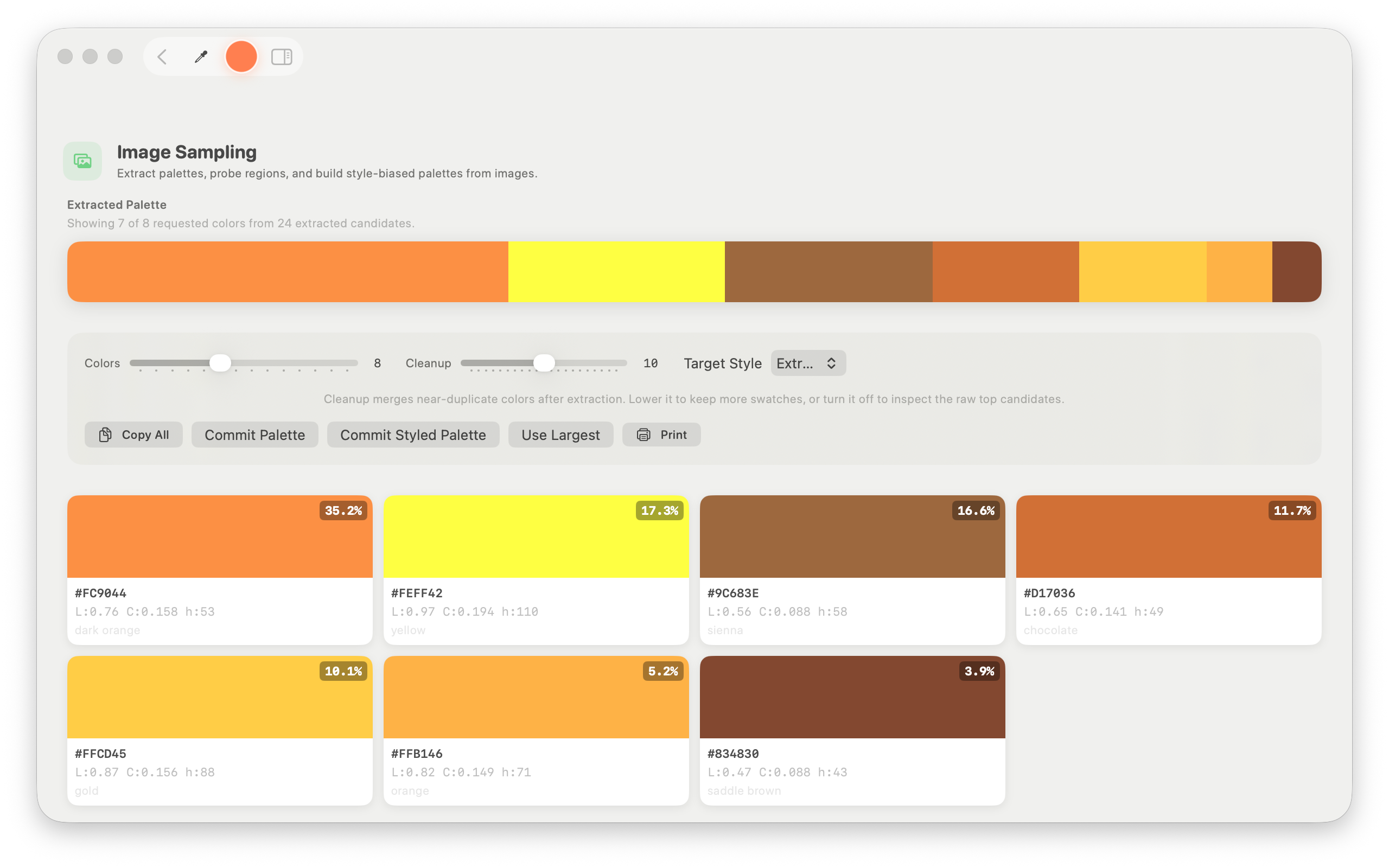 Image Sampling on Mac &mdash; seven of eight requested colors drawn from twenty-four candidates, shown first as a proportional bar and then as cards giving hex, L C h and the nearest name: dark orange at 35.2%, yellow 17.3%, sienna 16.6%, chocolate 11.7%, then gold, orange and saddle brown