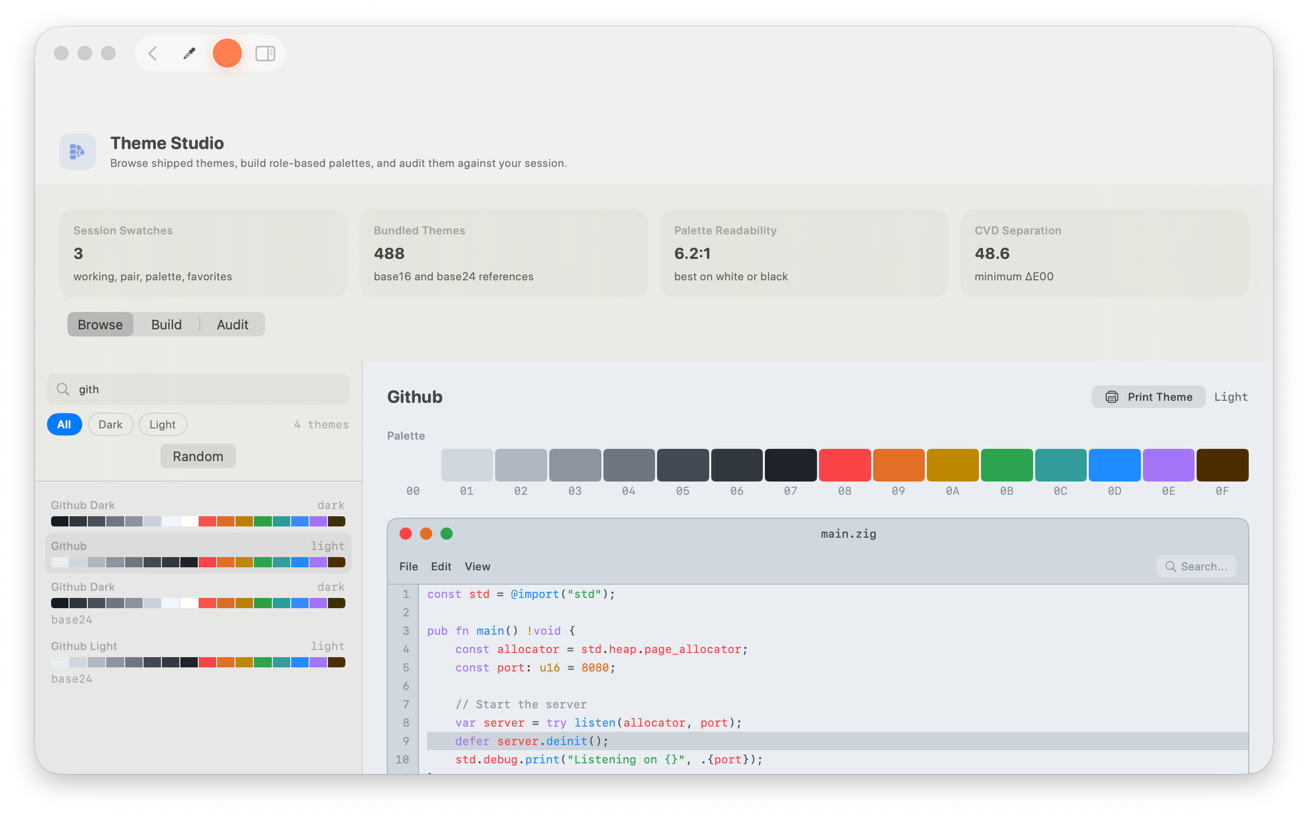 Theme Studio on Mac &mdash; 3 session swatches, 488 bundled base16 and base24 themes, 6.2:1 palette readability and 48.6 CVD separation across the top; a search narrowed to four Github variants on the left, and the Github light palette laid out as sixteen numbered swatches over a syntax-highlighted main.zig preview