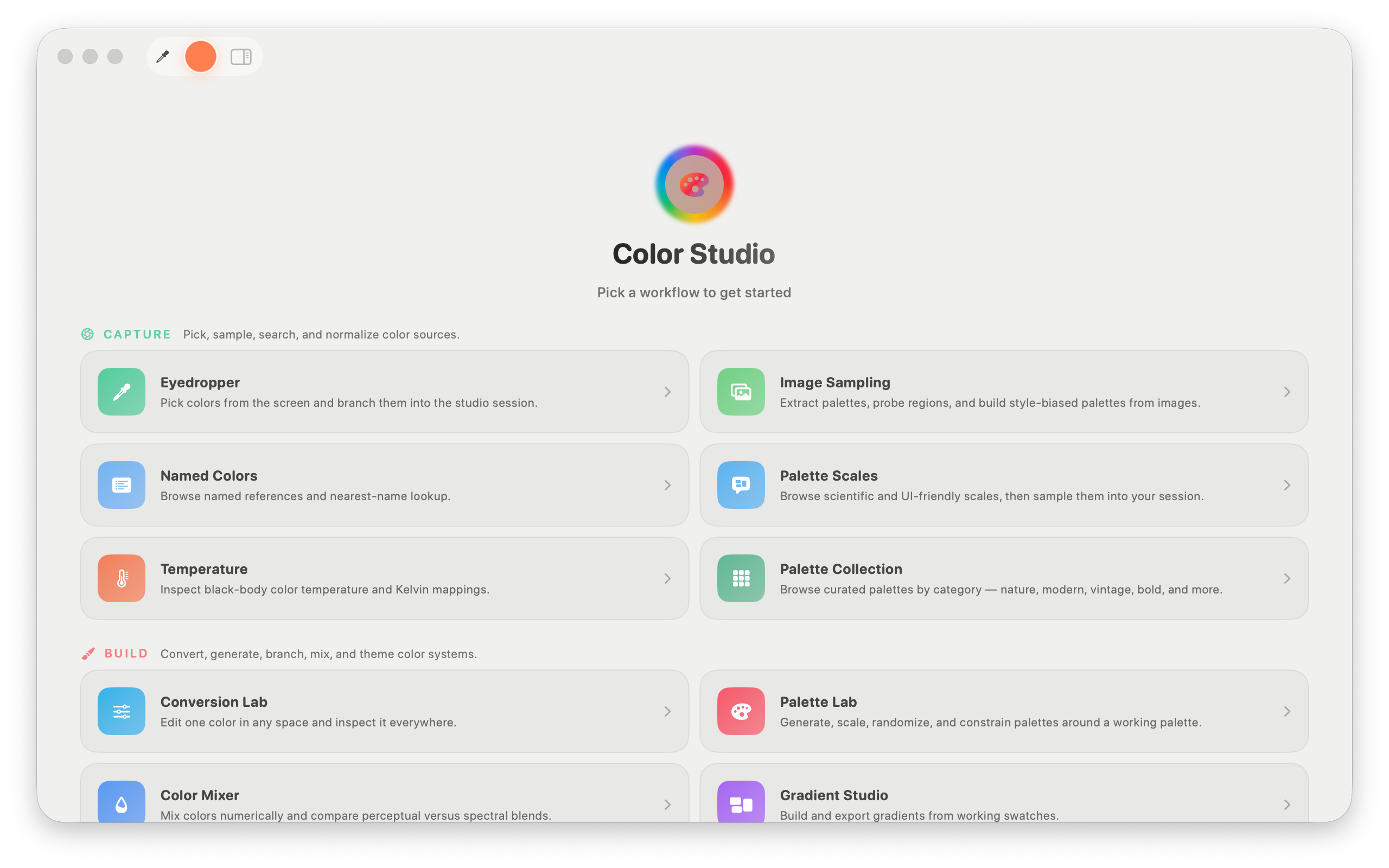 Color Studio on Mac at its workflow picker &mdash; Capture gathers Eyedropper, Named Colors and Temperature beside Image Sampling, Palette Scales and Palette Collection; Build opens with Conversion Lab, Palette Lab, Color Mixer and Gradient Studio, each with a line saying what it does