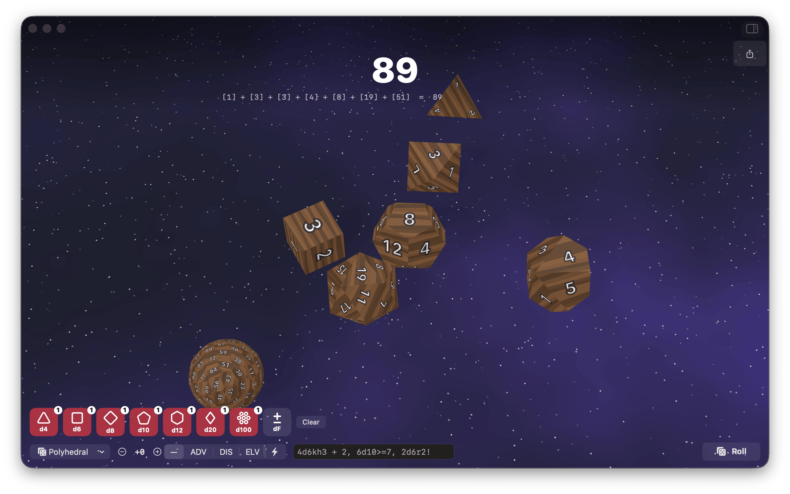 A full wooden polyhedral set &mdash; d4, d6, d8, d10, d12, d20 and the ball-shaped d100 &mdash; tumbling across a purple starfield, with the total 89 and its breakdown [1] + [3] + [3] + [4] + [8] + [19] + [51] above, and the pool builder below: a chip for every die kind, a modifier stepper, advantage, disadvantage and elven-accuracy toggles, and a notation field reading &ldquo;4d6kh3 + 2, 6d10>=7, 2d6r2!&rdquo;