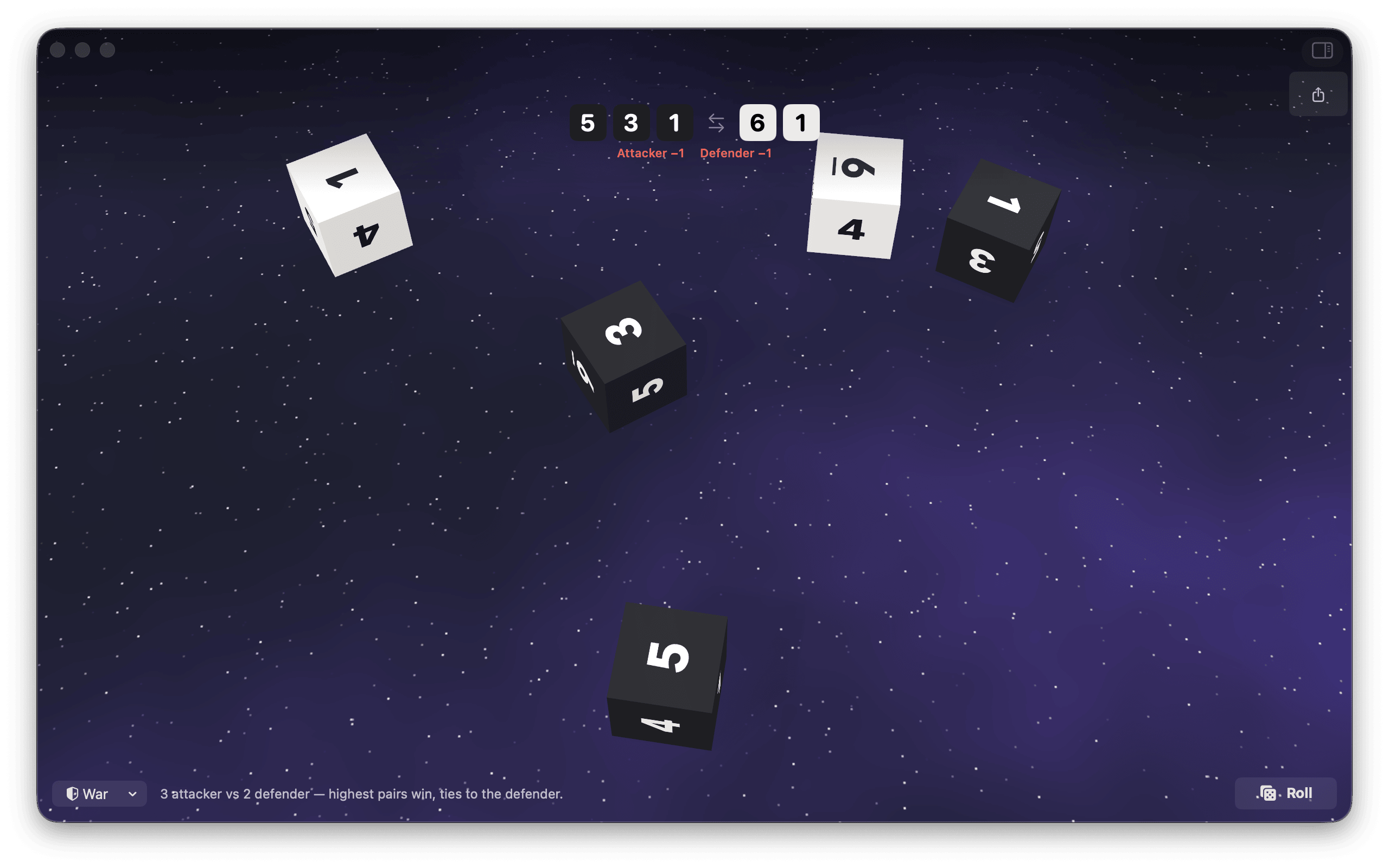 War mode against a starfield — three white attacker dice and two black defender dice tumbling mid-flight, the compared pairs listed at the top with &ldquo;Attacker &minus;1&rdquo; and &ldquo;Defender &minus;1&rdquo; called out, and the rule line reading &ldquo;3 attacker vs 2 defender &mdash; highest pairs win, ties to the defender&rdquo;