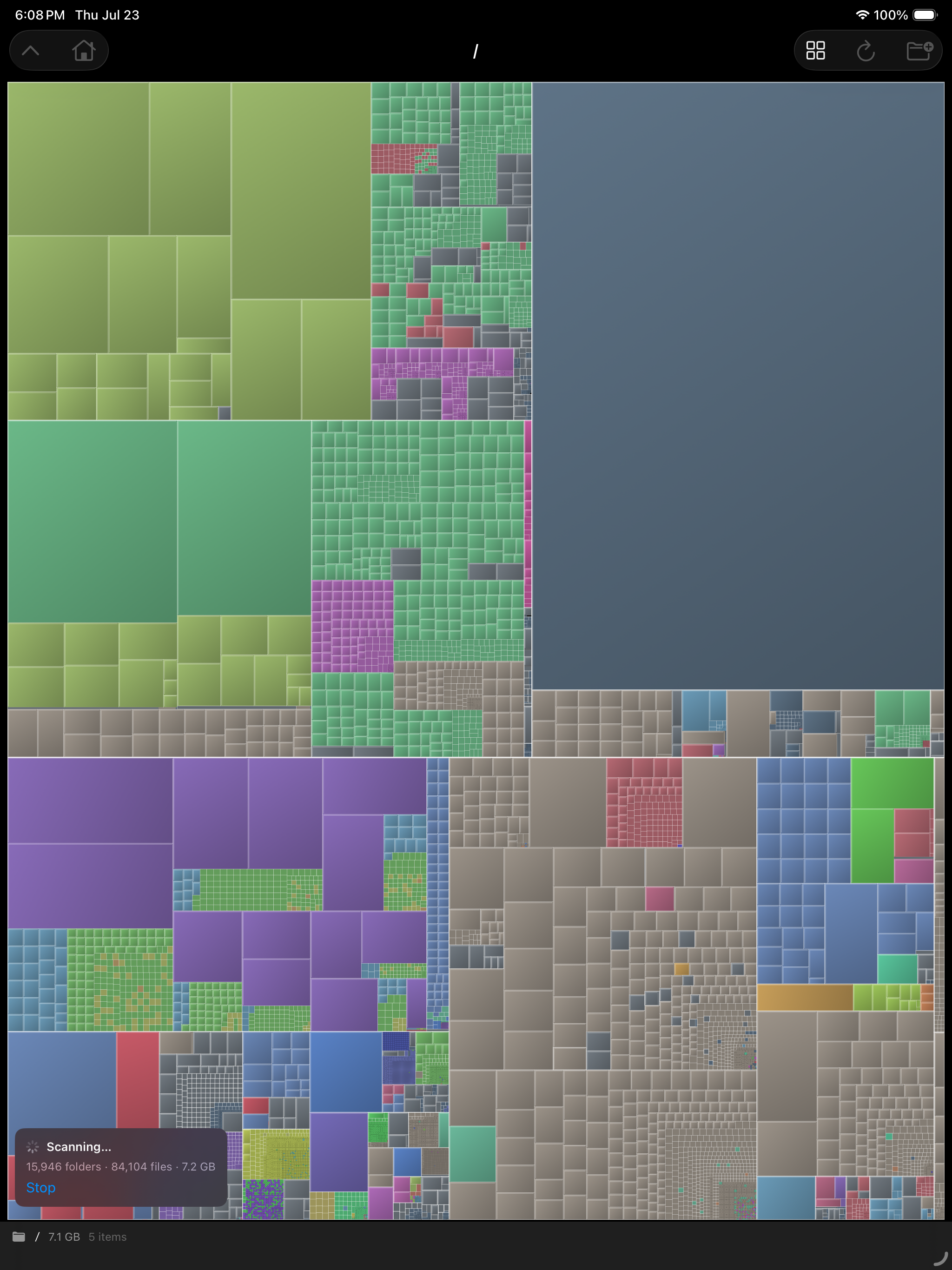 A treemap on iPad &mdash; a folder tree drawn as nested rectangles coloured by kind, each sized by the bytes it holds, with a scanning card counting 15,946 folders and 84,104 files at 7.2 GB