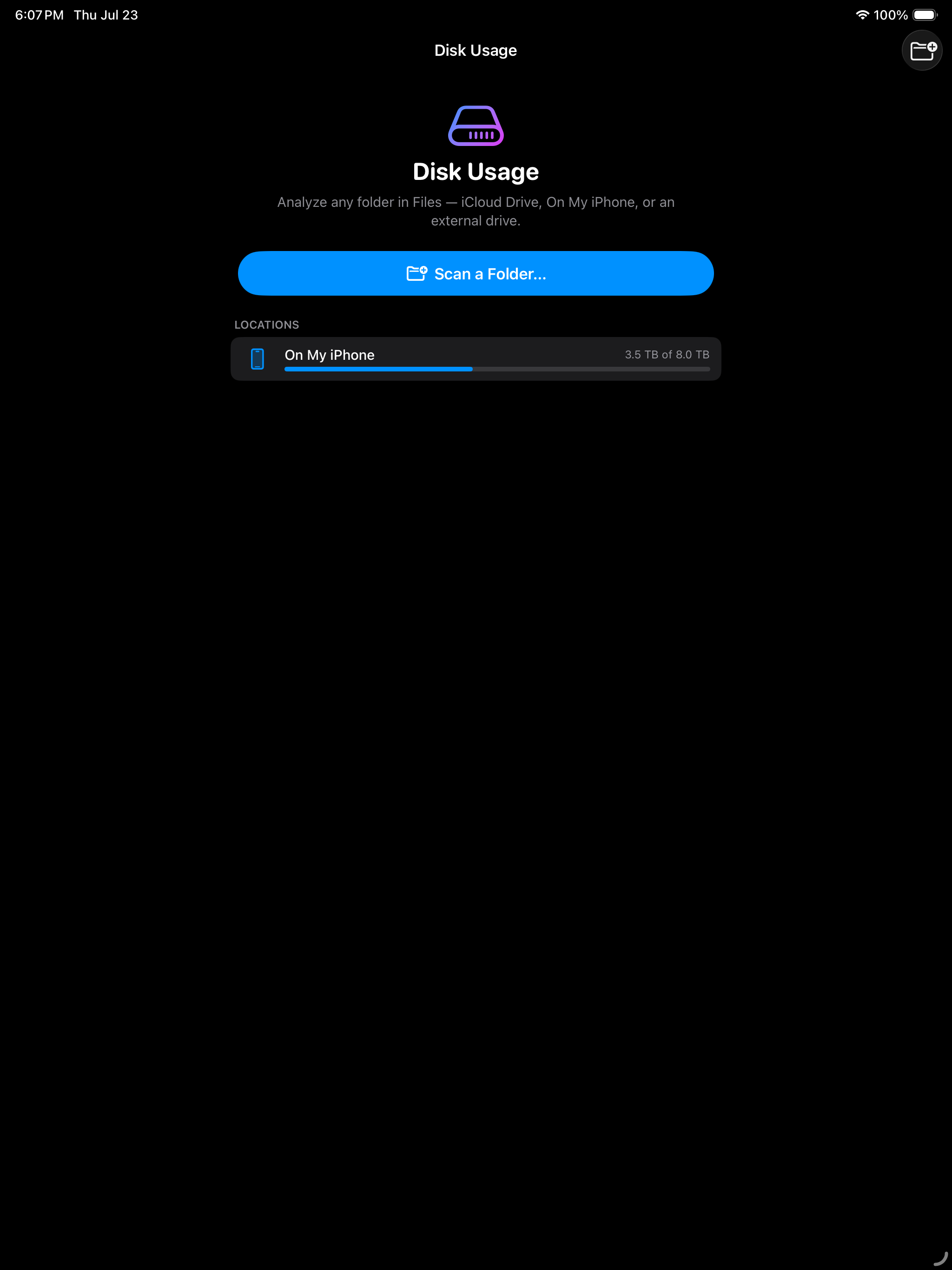 The iPad welcome screen &mdash; &lsquo;Analyze any folder in Files &mdash; iCloud Drive, On My iPhone, or an external drive&rsquo; over a Scan a Folder button, with the device listed under Locations showing 3.5 TB used of 8.0 TB