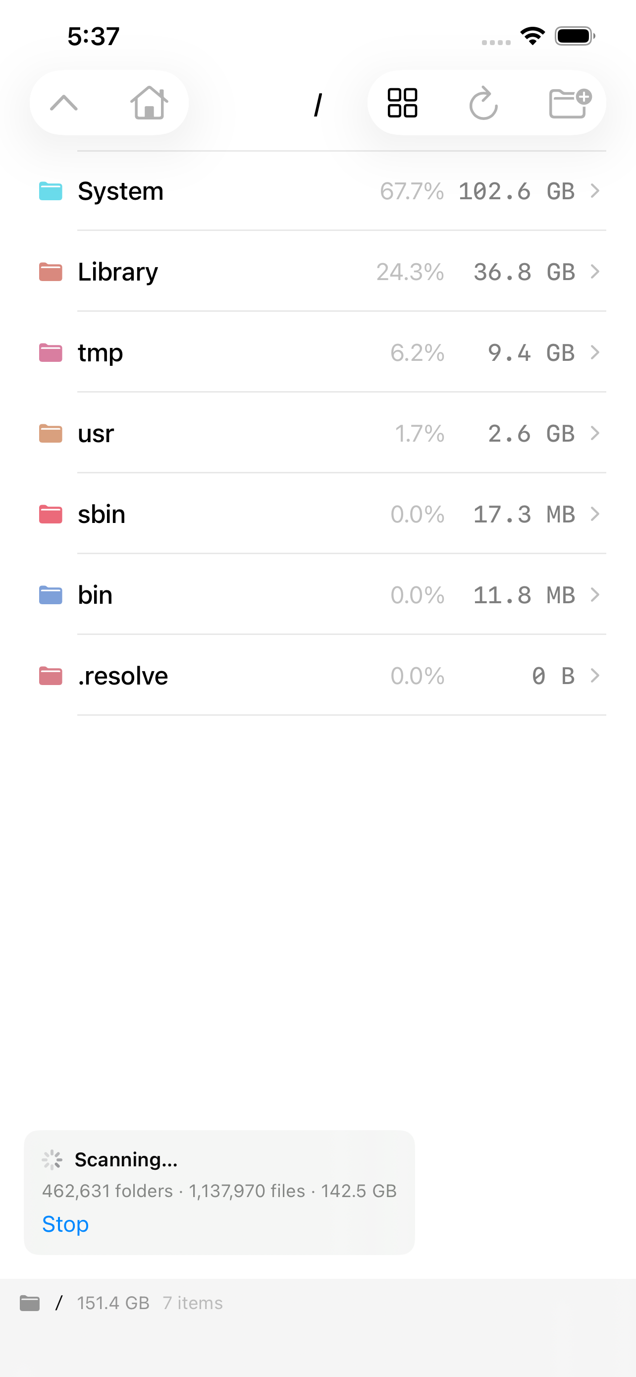 The same scan as a list on iPhone &mdash; System at 67.7% and 102.6 GB, Library at 24.3% and 36.8 GB, tmp at 6.2% and 9.4 GB, usr at 1.7% and 2.6 GB, then sbin, bin and .resolve at 0.0%, while the scan continues through 462,631 folders and 1,137,970 files