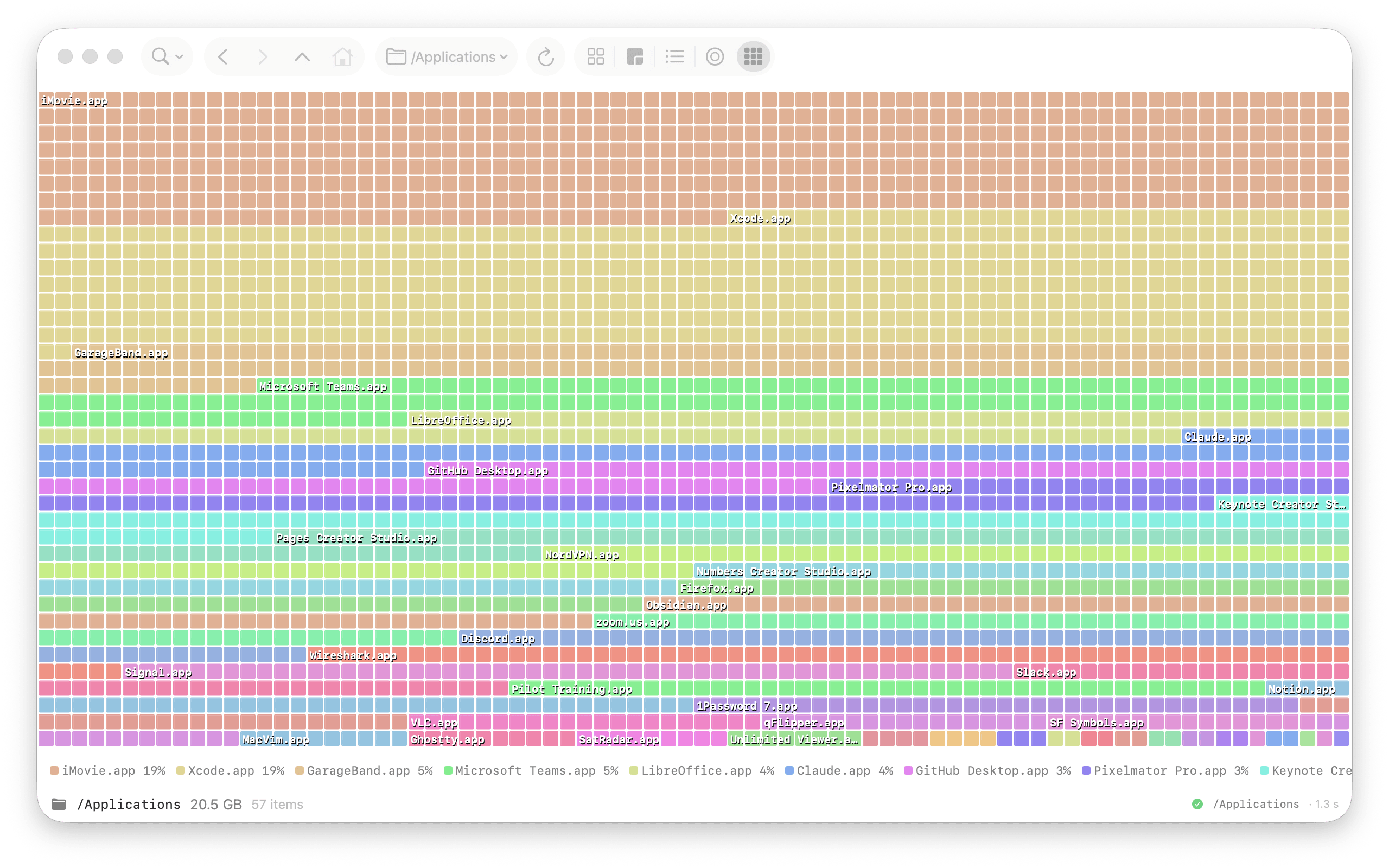 Block map view — uniform blocks colored per app with a size legend
