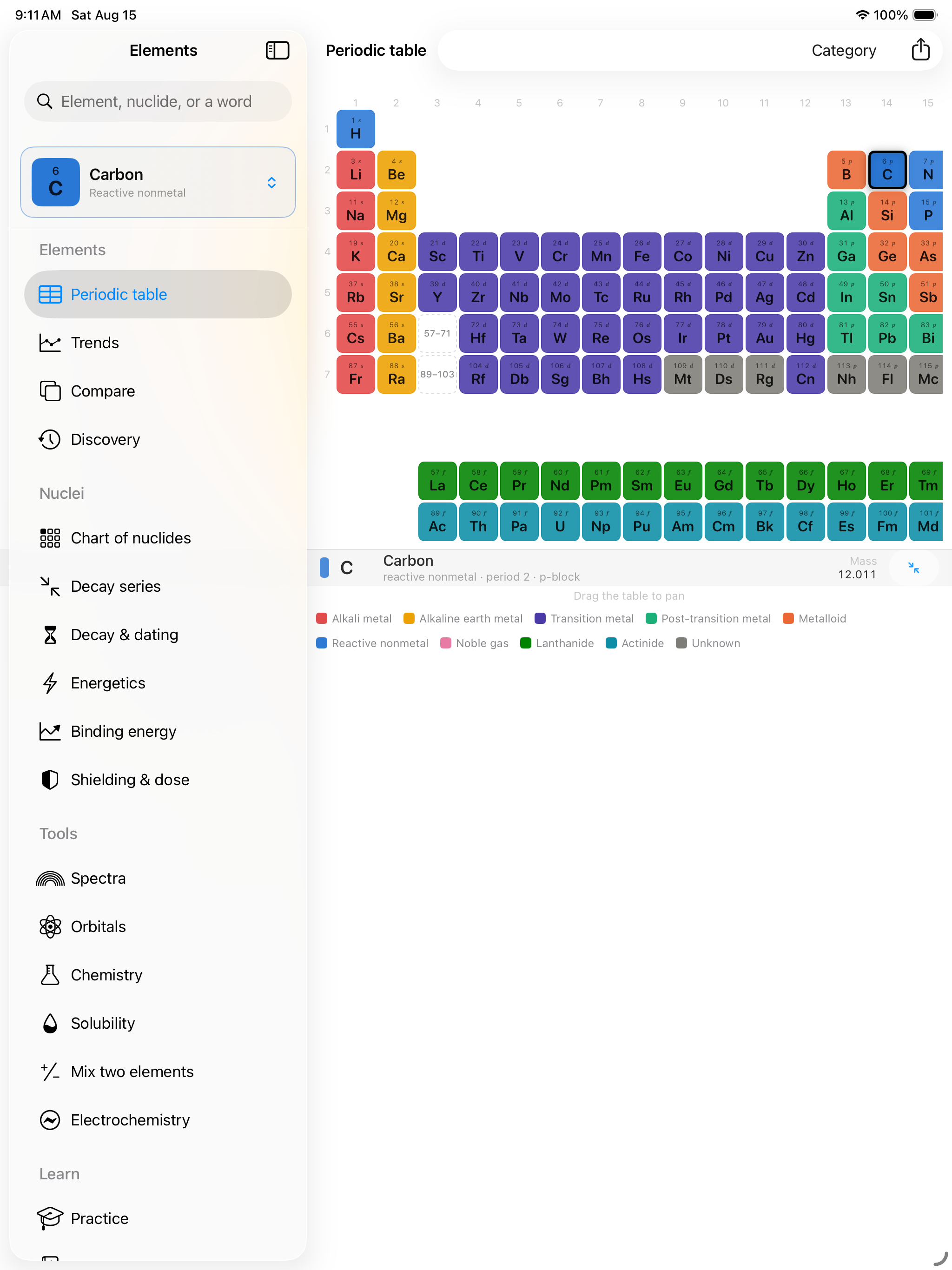 The periodic table on iPad &mdash; the full table coloured by category with carbon selected, beside a sidebar listing the periodic table, trends, compare and discovery under Elements, the chart of nuclides, decay series, decay and dating, energetics, binding energy and shielding and dose under Nuclei, and spectra, orbitals, chemistry, solubility, mix two elements and electrochemistry under Tools