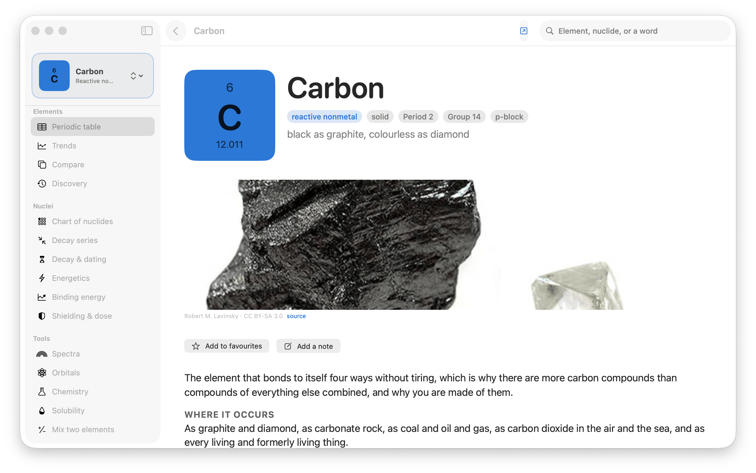 The page for carbon &mdash; the element tile beside its name, tagged reactive nonmetal, solid, period 2, group 14, p-block, over a captioned photograph of graphite and diamond, buttons to add to favorites and add a note, and prose explaining that carbon bonds to itself four ways and where it occurs