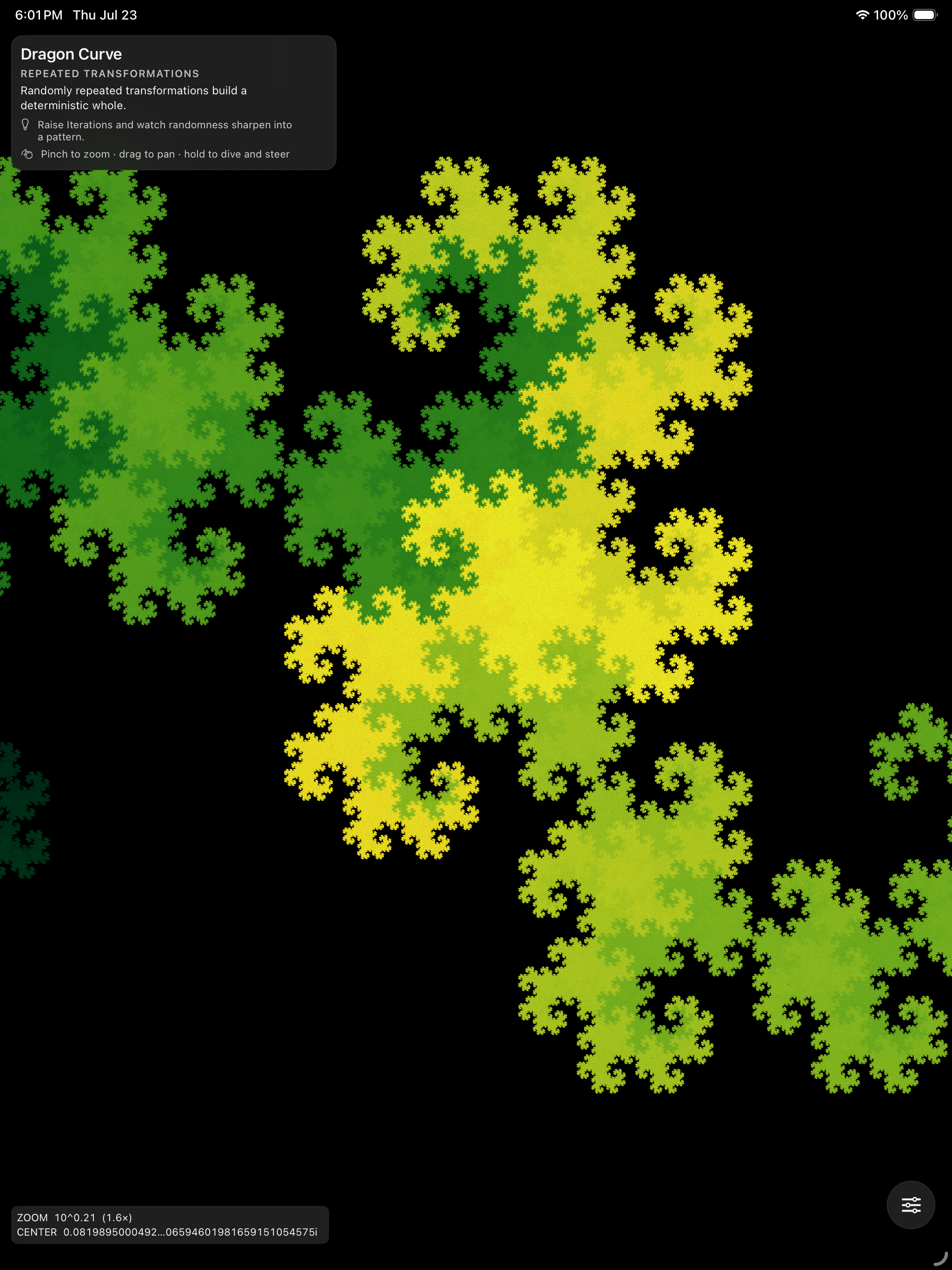 A dragon curve on iPad &mdash; the folded curve rendered in green and yellow on black under a card explaining that randomly repeated transformations build a deterministic whole, at zoom 10^0.21 centred on a point given to twenty-odd digits