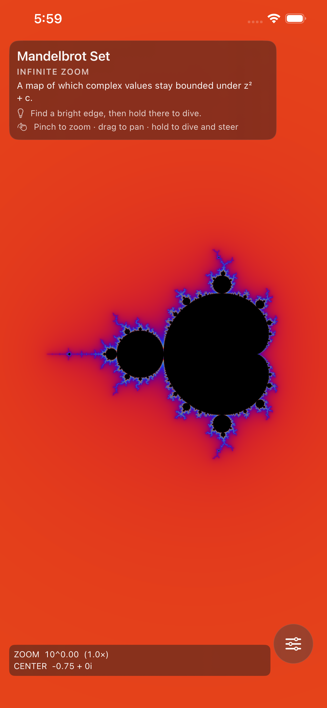 The Mandelbrot set on iPhone &mdash; the set drawn black against a red field with its filaments picked out in blue, an information card calling it &lsquo;a map of which complex values stay bounded under z&sup2; + c&rsquo; and telling you to find a bright edge and hold there to dive, and a readout of zoom 10^0.00 at centre &minus;0.75 + 0i