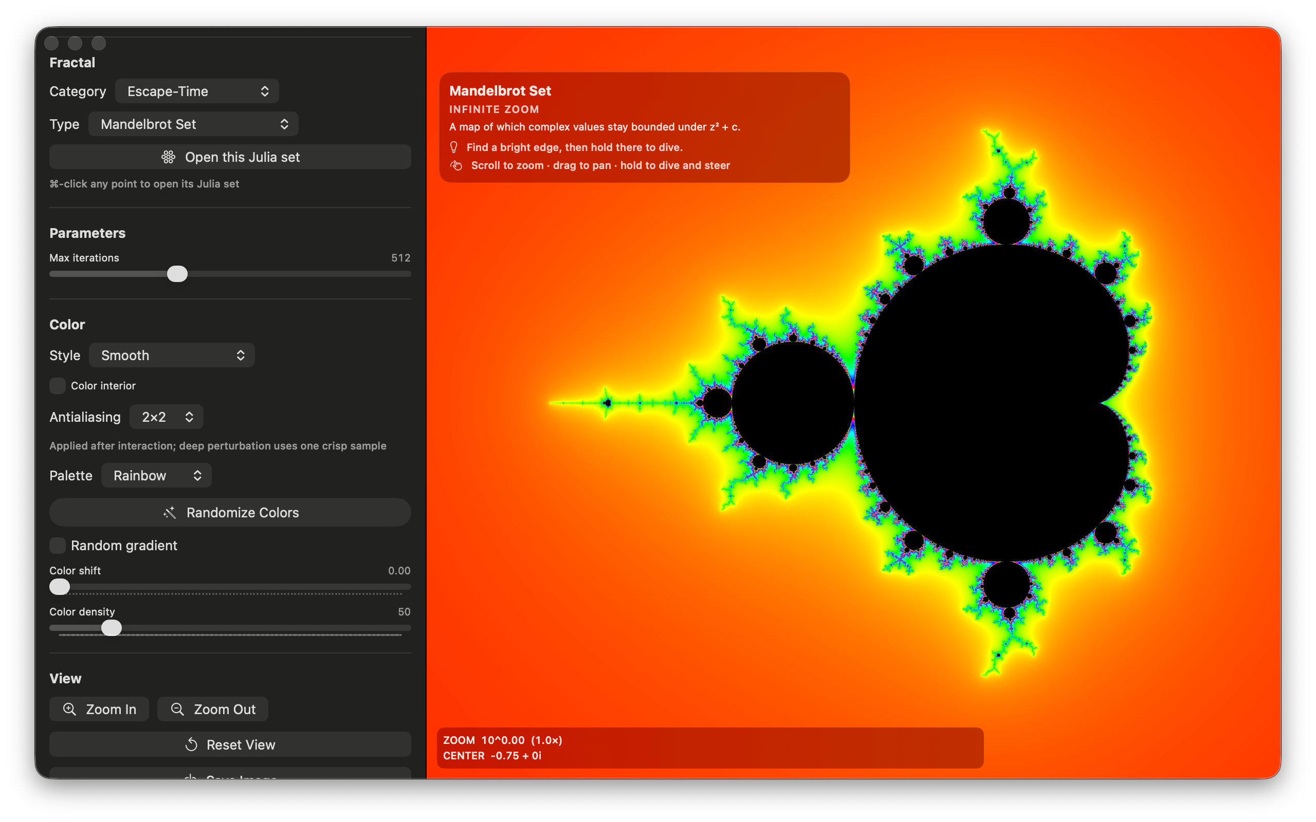 Unlimited Fractals on Mac &mdash; the Mandelbrot set in the Rainbow palette, its black body ringed by green and violet filaments against an orange field, with a sidebar for category and type, max iterations at 512, smooth coloring, 2&times;2 antialiasing and zoom controls; the readout reads ZOOM 10^0.00 (1.0&times;), CENTER &minus;0.75 + 0i