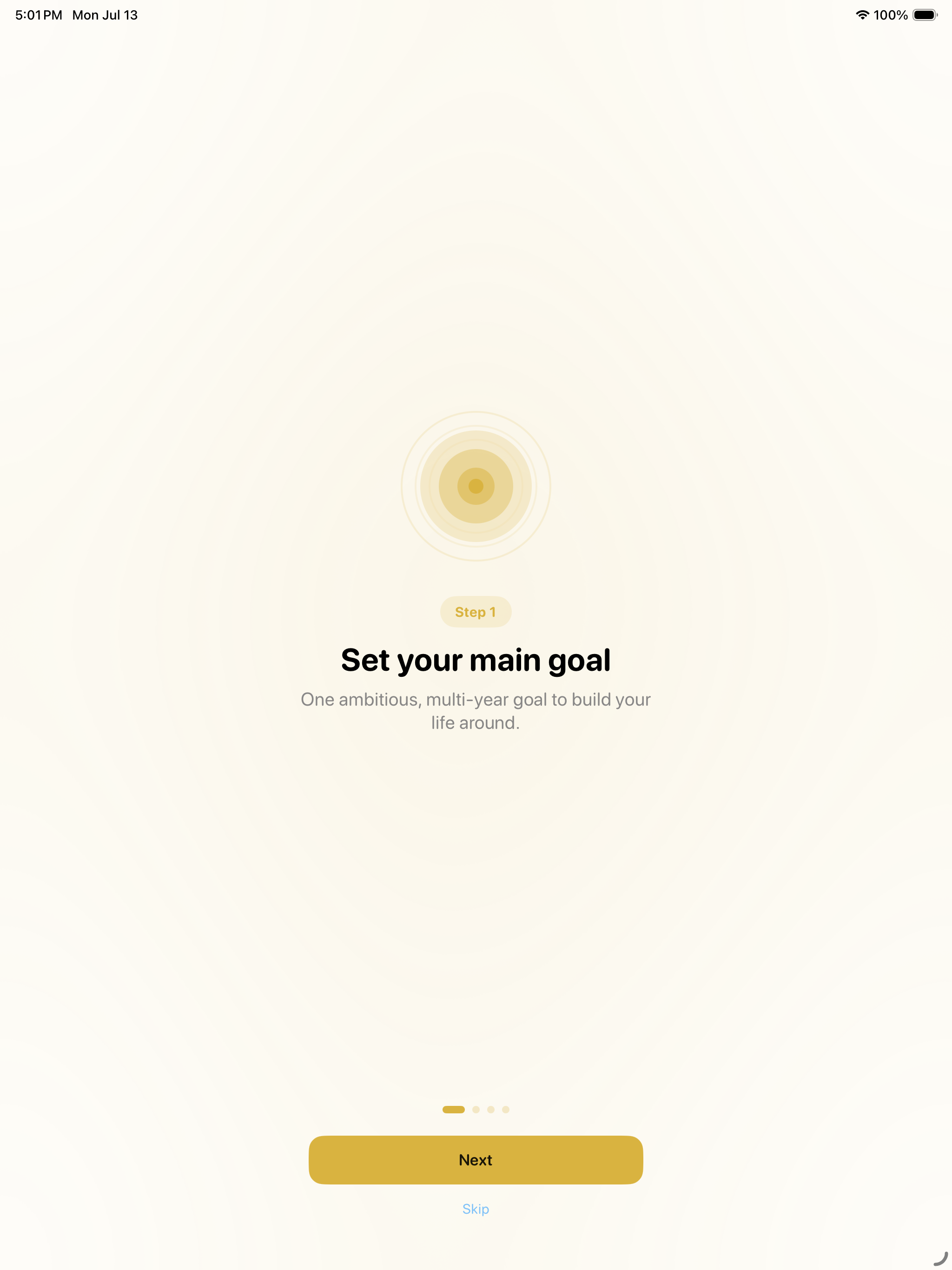 Step 1 of setting up on iPad &mdash; &lsquo;Set your main goal&rsquo;, described as one ambitious, multi-year goal to build your life around, over Next and Skip