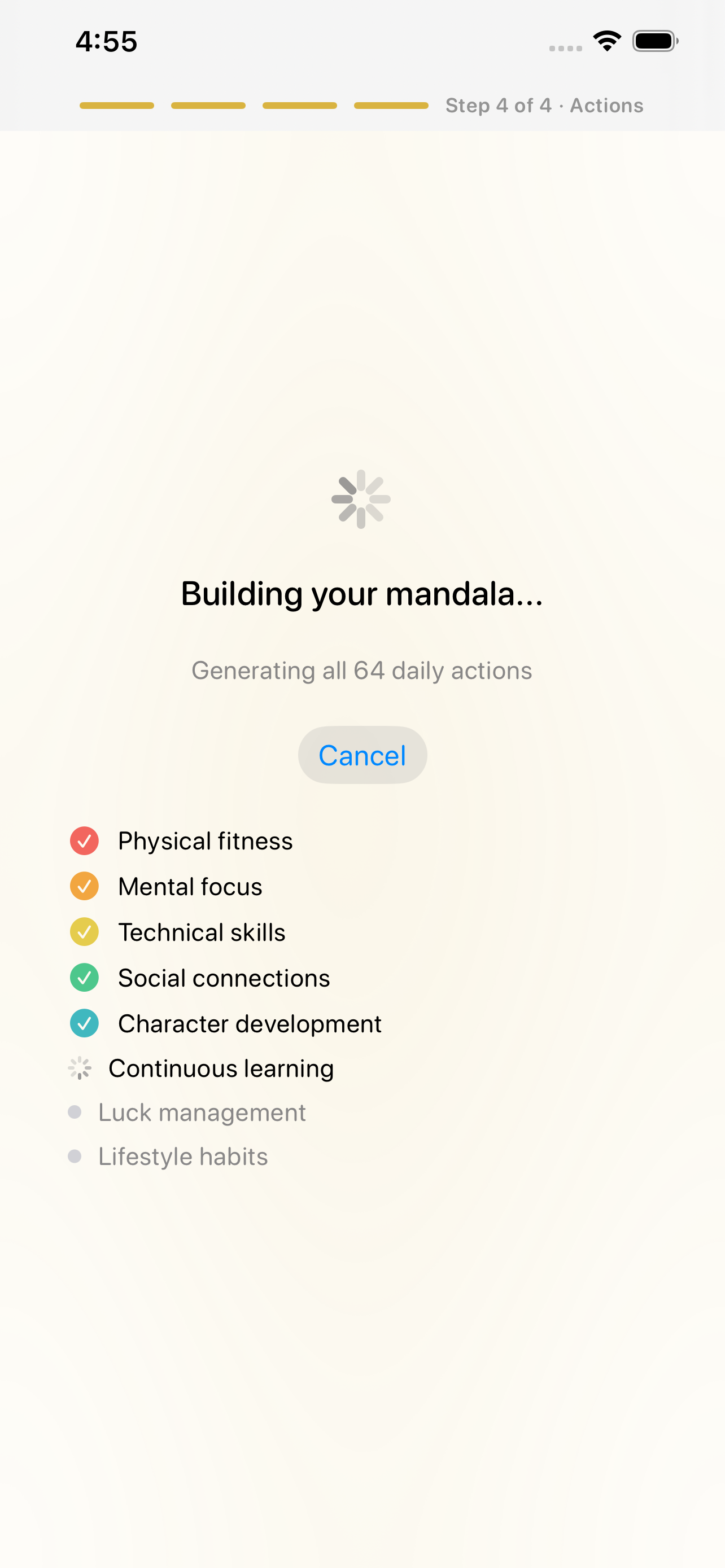 Step 4 of setting up on iPhone &mdash; &lsquo;Building your mandala&hellip;&rsquo; generating all 64 daily actions, ticking off physical fitness, mental focus, technical skills, social connections and character development, with continuous learning in progress and luck management and lifestyle habits still to come