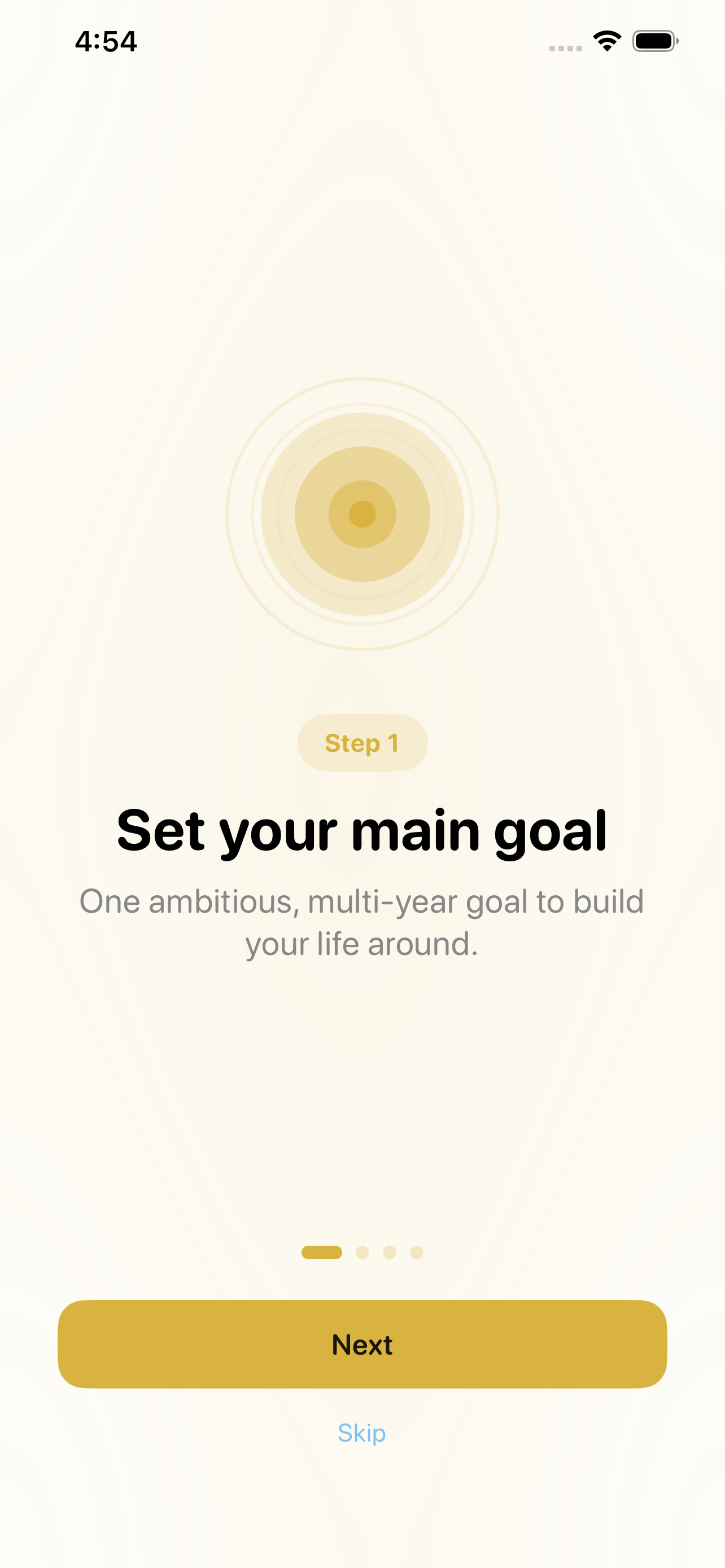 Step 1 of setting up on iPhone &mdash; &lsquo;Set your main goal&rsquo;, described as one ambitious, multi-year goal to build your life around, over Next and Skip