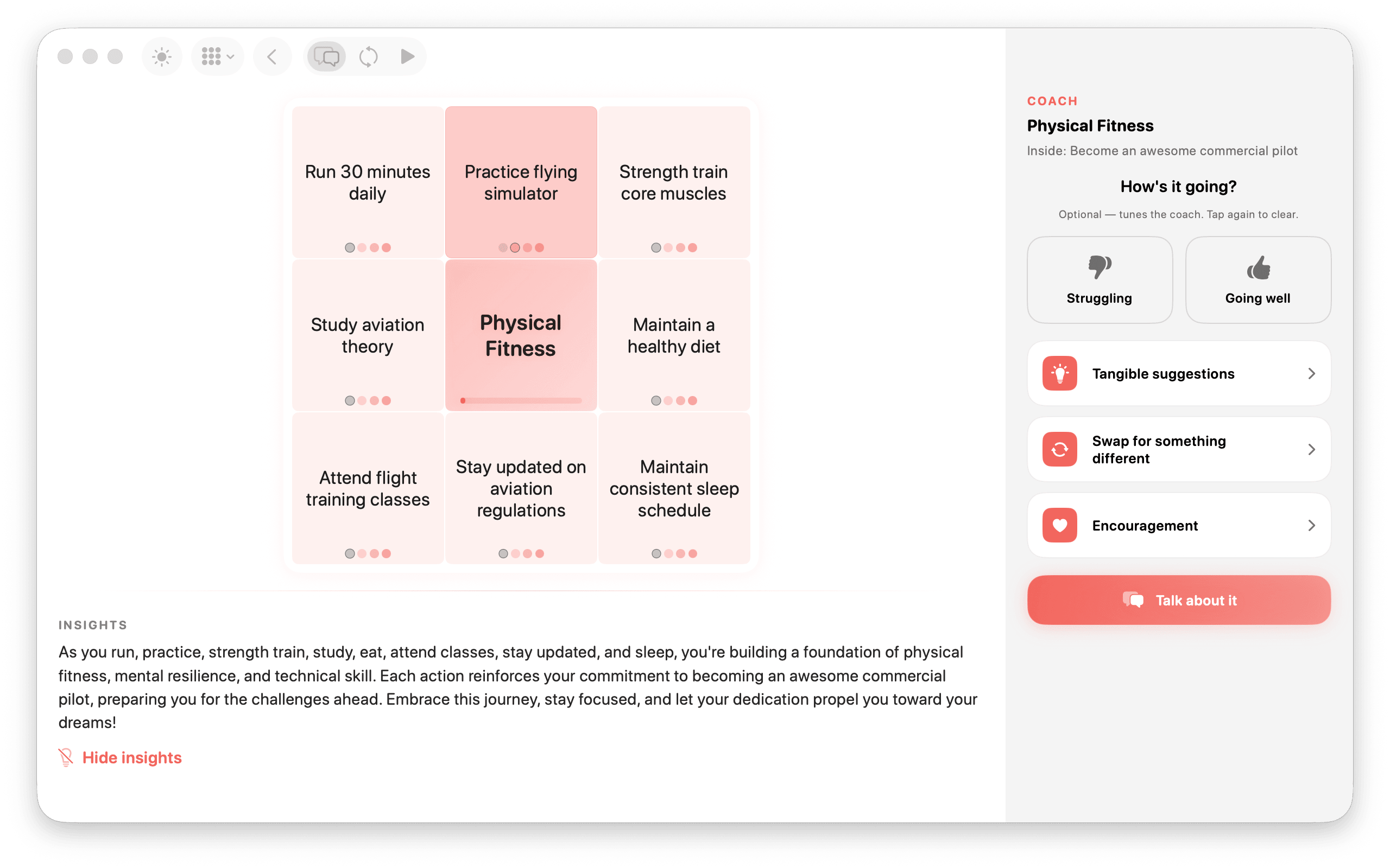 A theme up close — eight actions with effort dots, insights below, and the coach panel ready to help