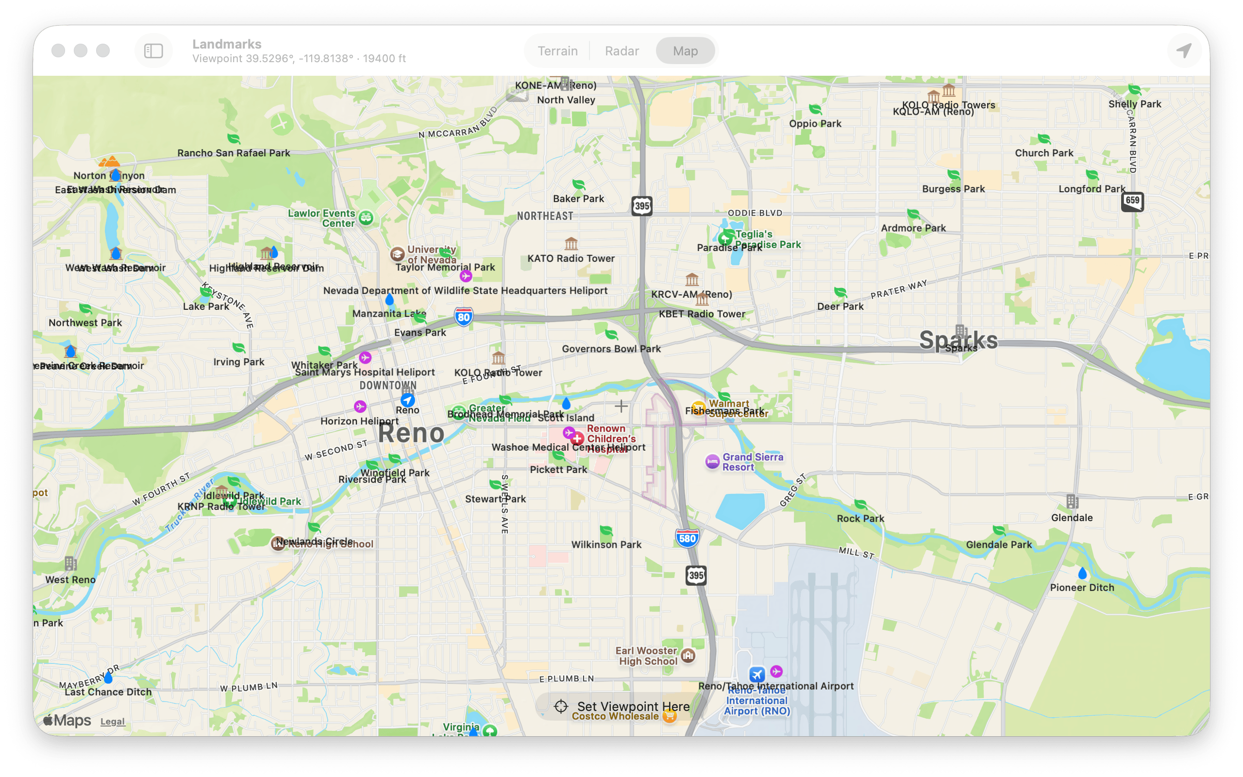 The map view showing every landmark around Reno and Sparks overlaid on the map — parks, radio towers, reservoirs, dams, and airports — with a Set Viewpoint Here button