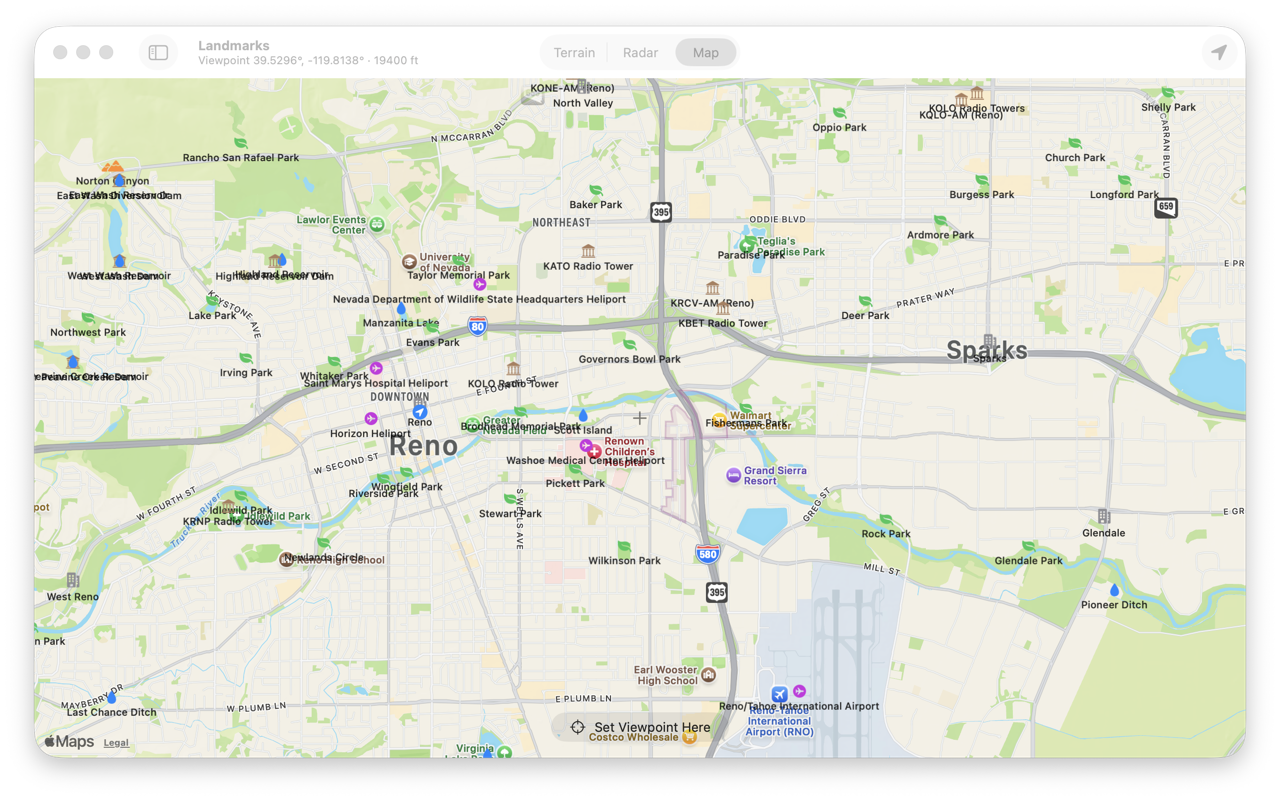 The map view showing every landmark around Reno and Sparks overlaid on the map — parks, radio towers, reservoirs, dams, and airports — with a Set Viewpoint Here button