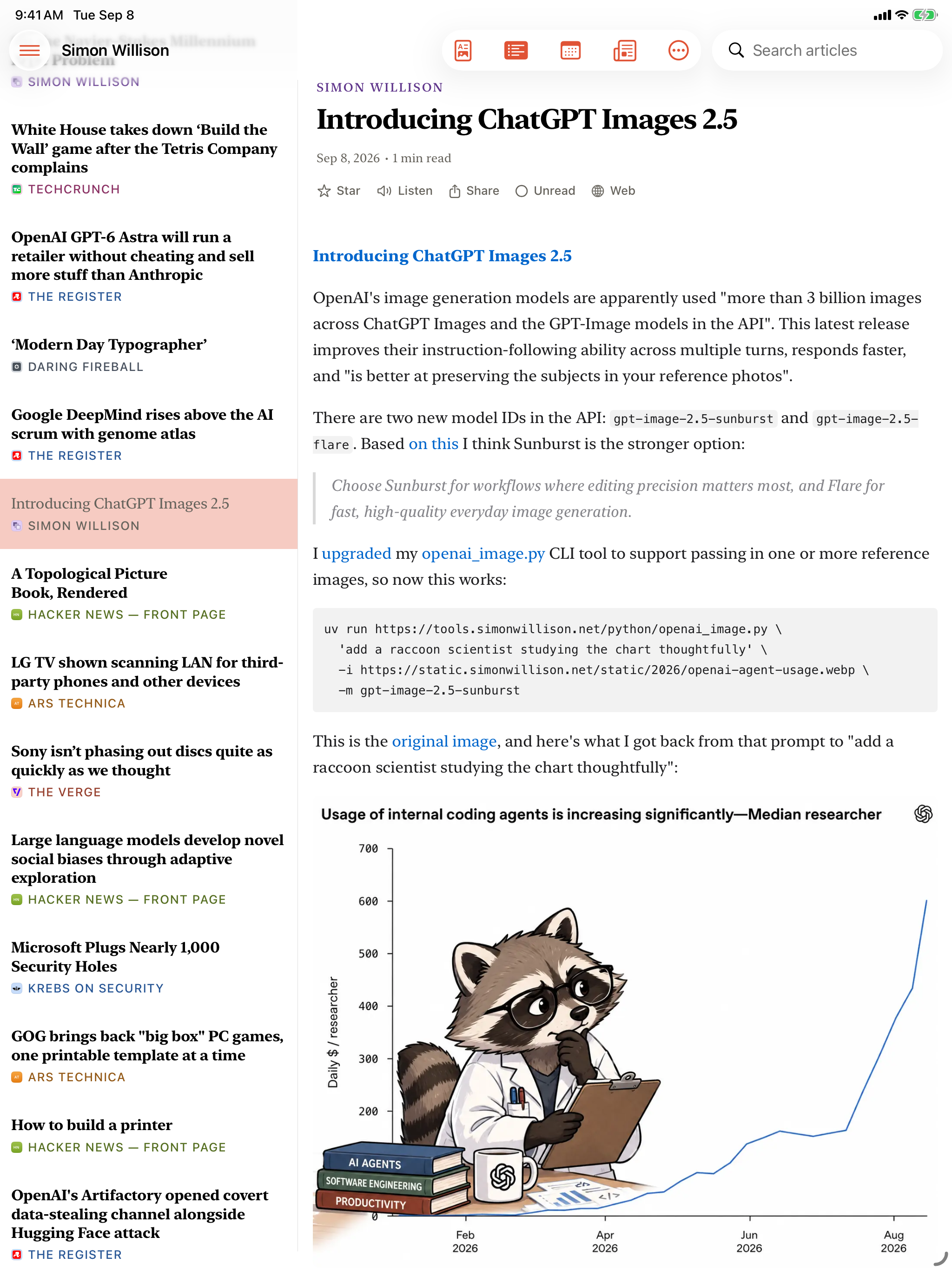 Feed on iPad &mdash; the article list down the left and ChatGPT Images 2.5 open beside it, with Star, Listen, Share, Unread and Web under the title