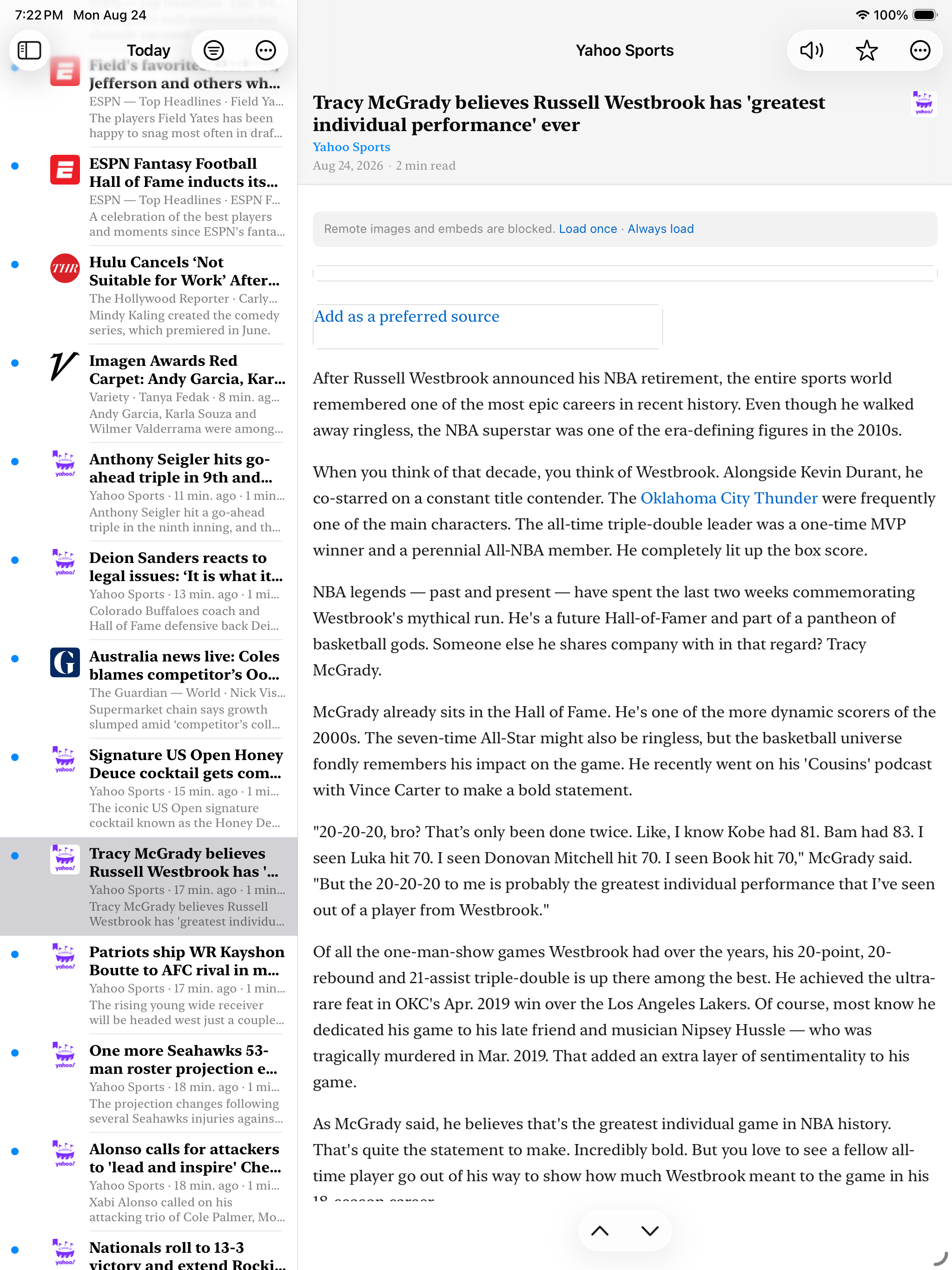 Reading on iPad &mdash; the article list down the left with each item&rsquo;s source, age and reading time, and the selected piece opened beside it, showing a notice that remote images and embeds are blocked with Load once and Always load, and an option to add the site as a preferred source