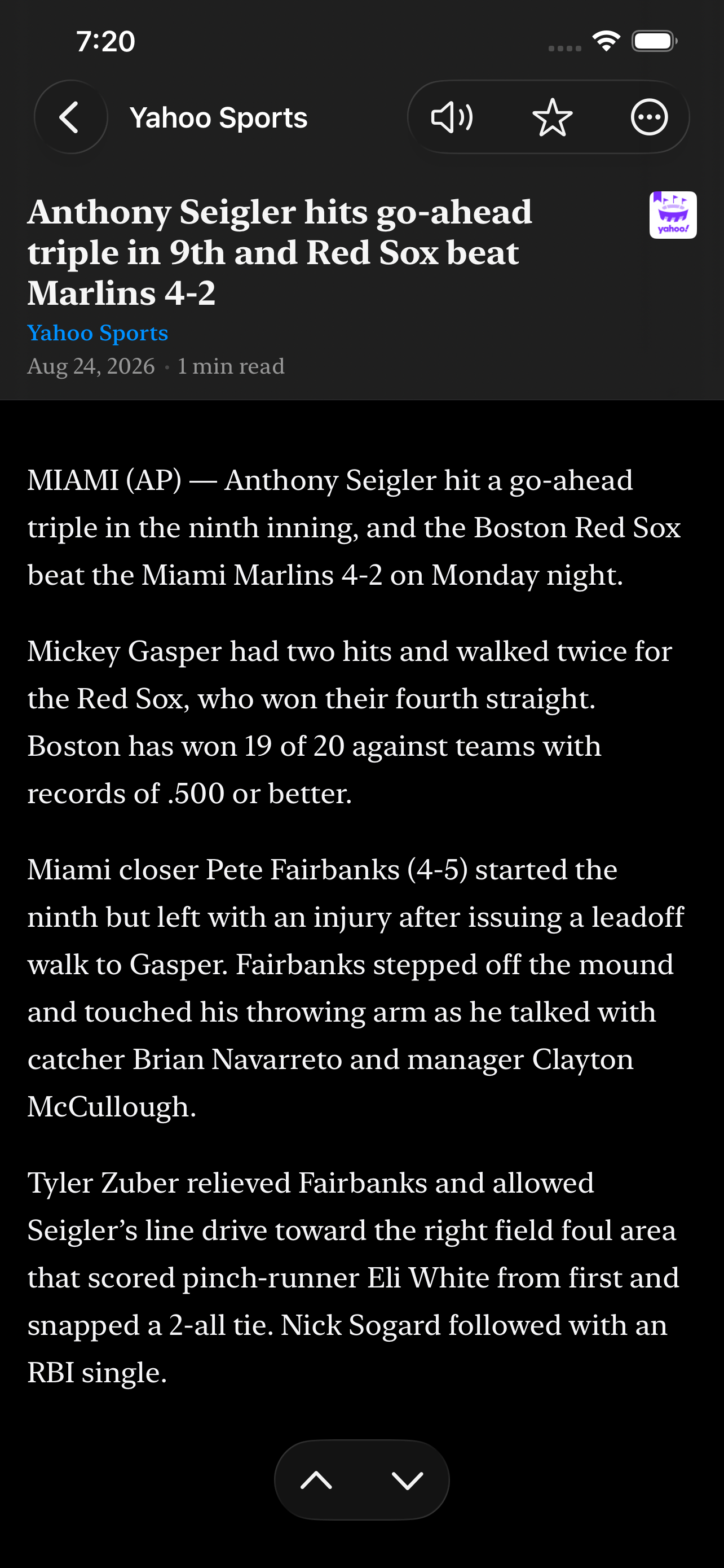 An article open on iPhone &mdash; a Yahoo Sports report set in a serif reading face at a comfortable measure, with the source, date and a one-minute reading estimate at the top, a speaker button to have it read aloud, a star to save it, and arrows to step to the next article