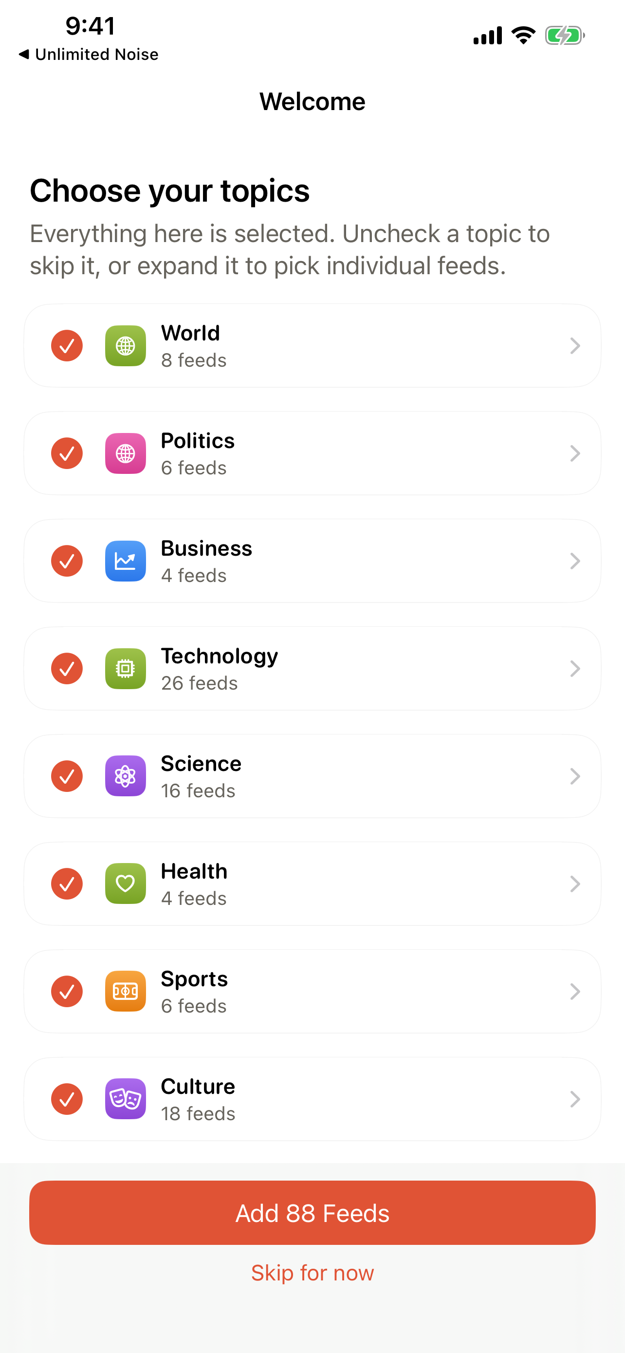 First launch on iPhone &mdash; Choose your topics, with World, Politics, Business, Technology, Science, Health, Sports and Culture checked, and Add 88 Feeds at the bottom