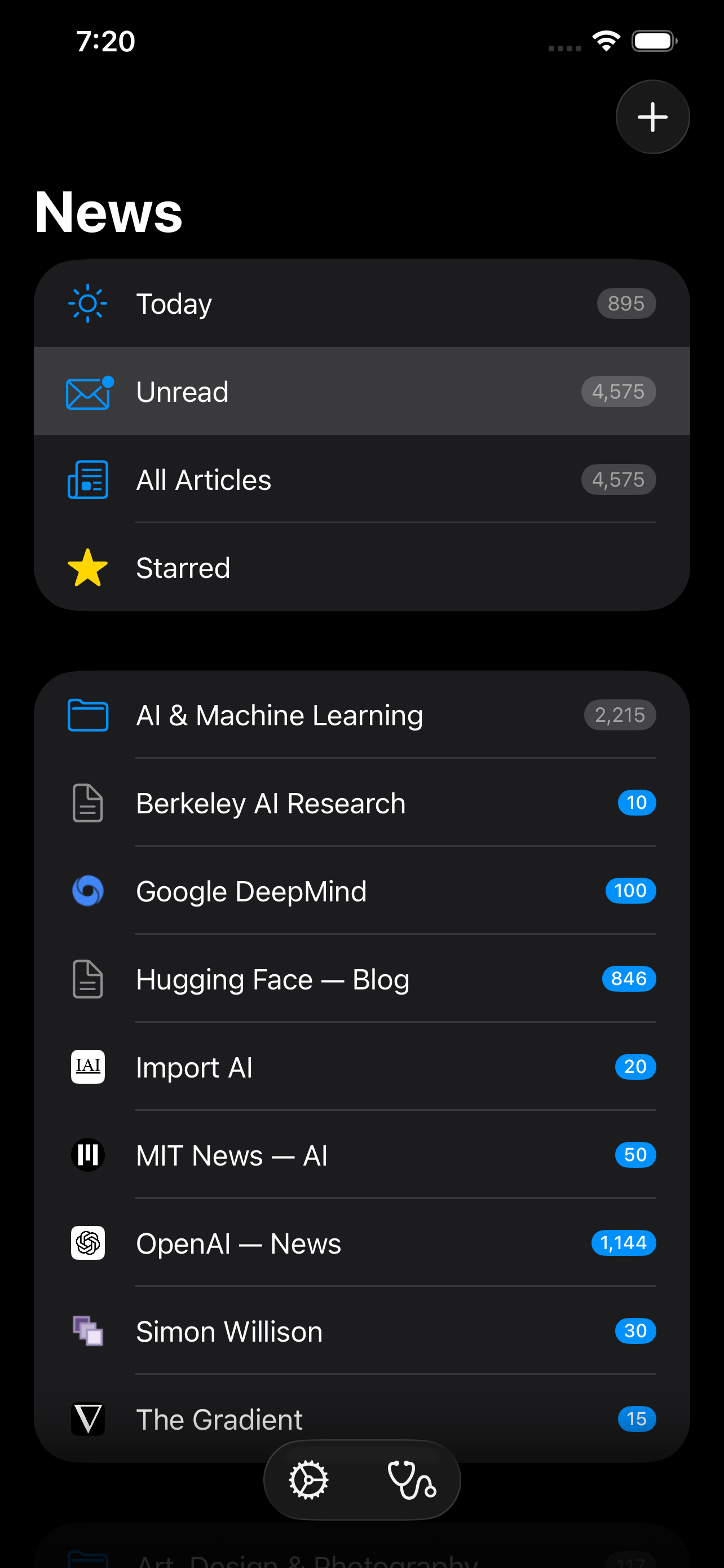 The feed list on iPhone &mdash; Today at 895, Unread and All Articles at 4,575 and a Starred shelf, then the AI & Machine Learning folder holding 2,215 unread across Berkeley AI Research, Google DeepMind, Hugging Face, Import AI, MIT News, OpenAI, Simon Willison and The Gradient, each with its own count