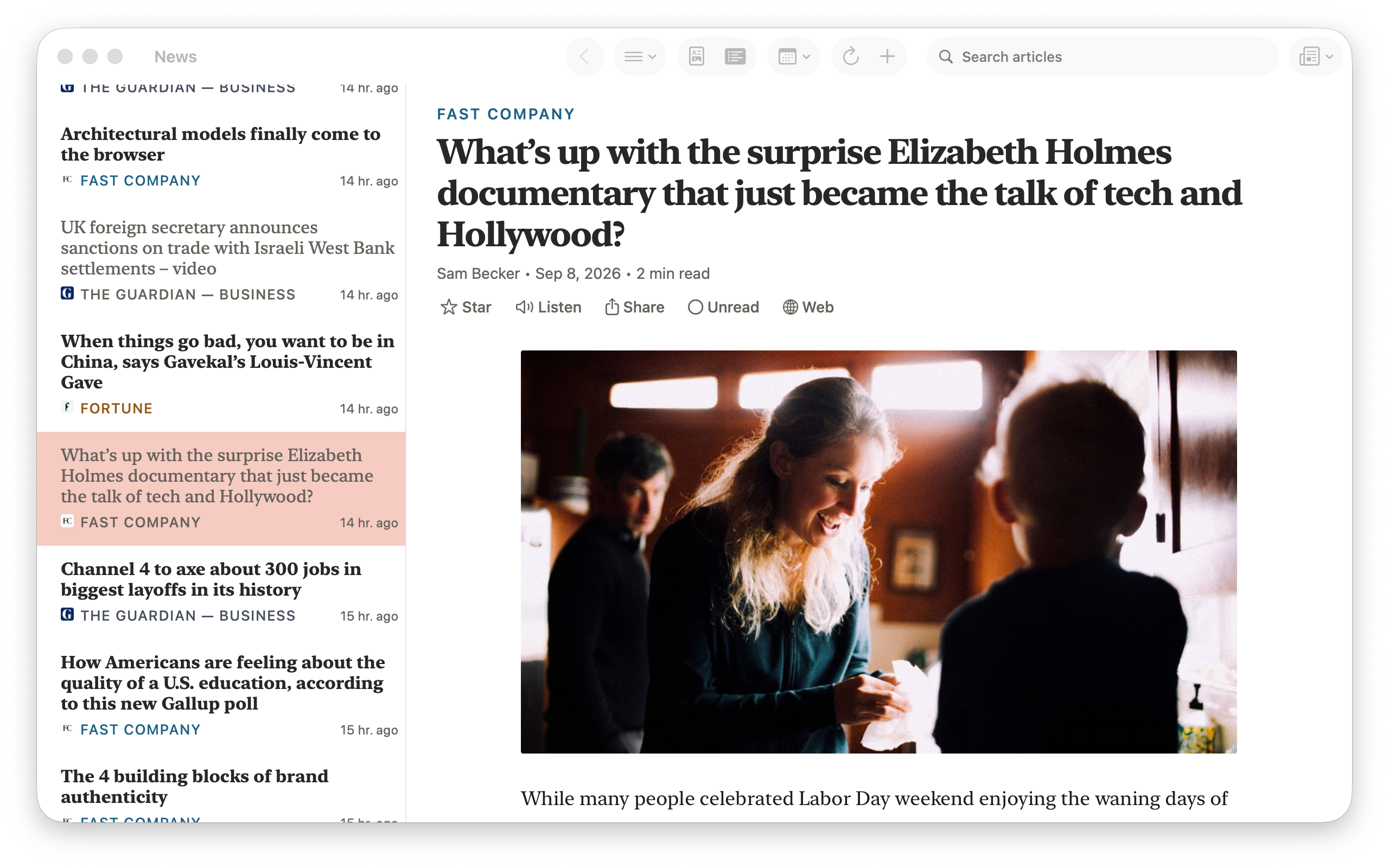 Feed on Mac &mdash; article titles down the left with source marks and ages, Fast Company&rsquo;s Elizabeth Holmes documentary open on the right with Star, Listen, Share, Unread and Web under the title
