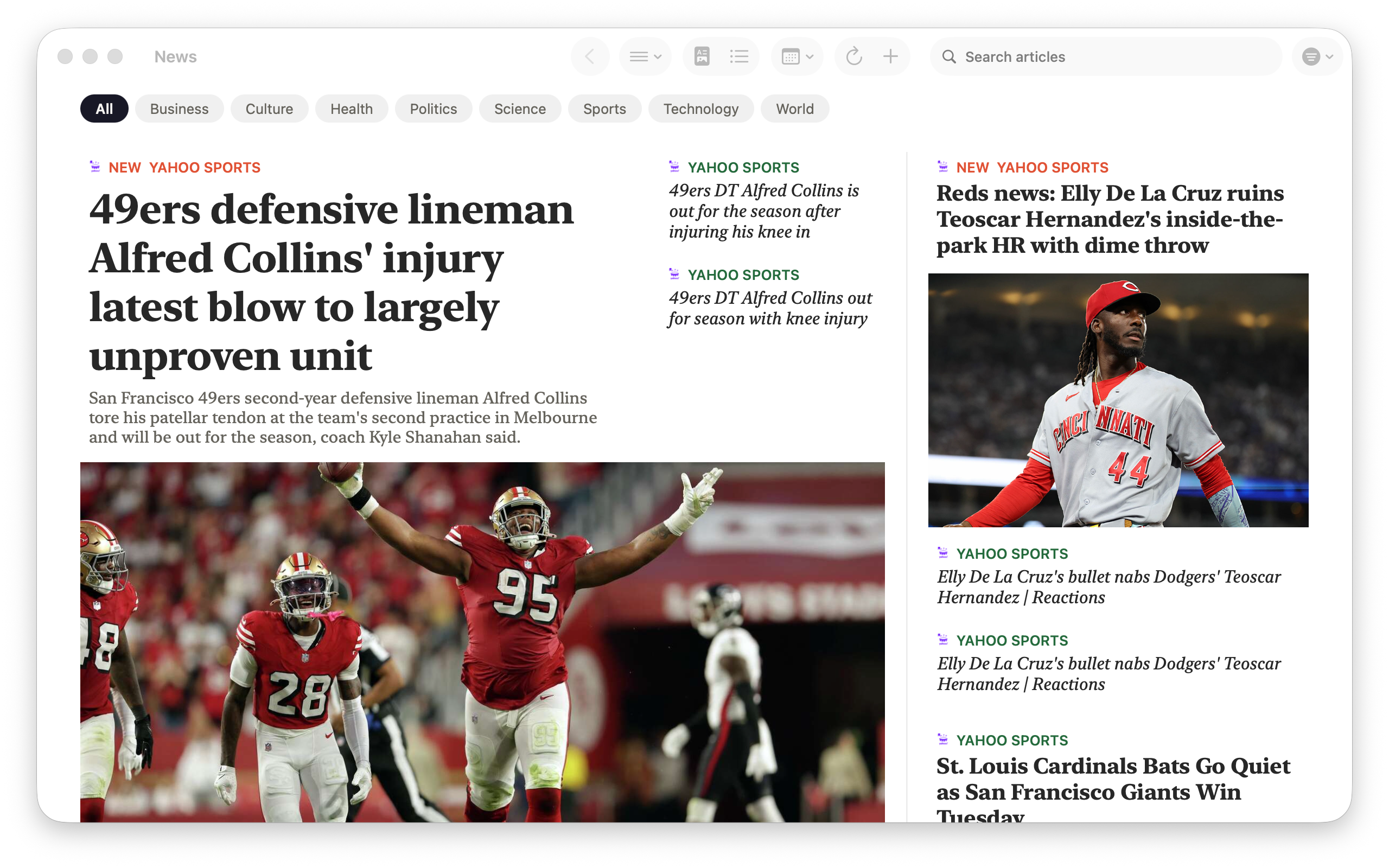 Front Page Headlines on Mac &mdash; All selected among the section pills, a Yahoo Sports lede on 49ers lineman Alfred Collins with the photo below, related stories and a Reds photo in the right column