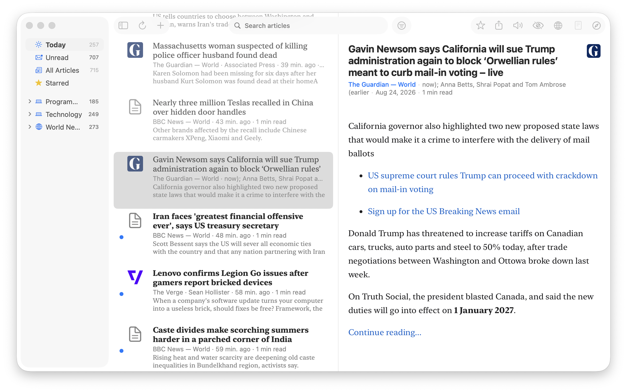 Reading on the Mac &mdash; a sidebar of Today, Unread, Starred and subscribed folders with their counts, the article list showing each item&rsquo;s source, author, age and read time, and the selected article laid out for reading beside it