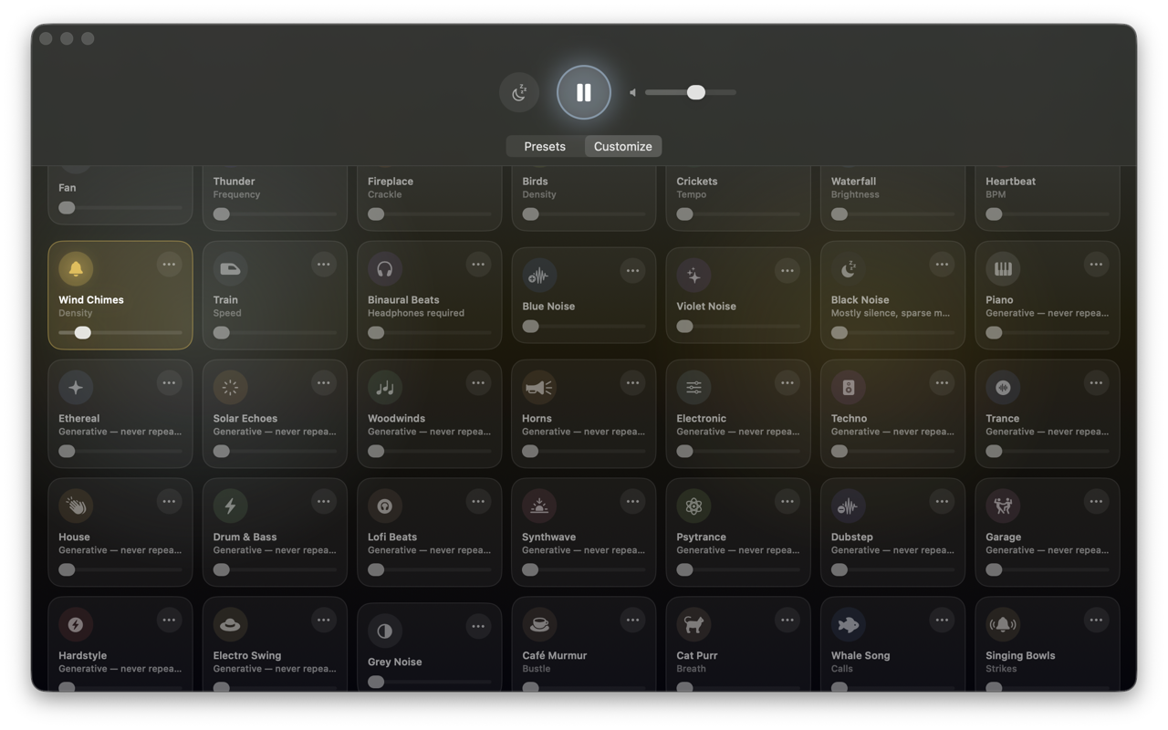 The Customize mixer — every sound as a card with its own volume and character slider: wind-chime density, thunder frequency, heartbeat BPM, and the generative music channels
