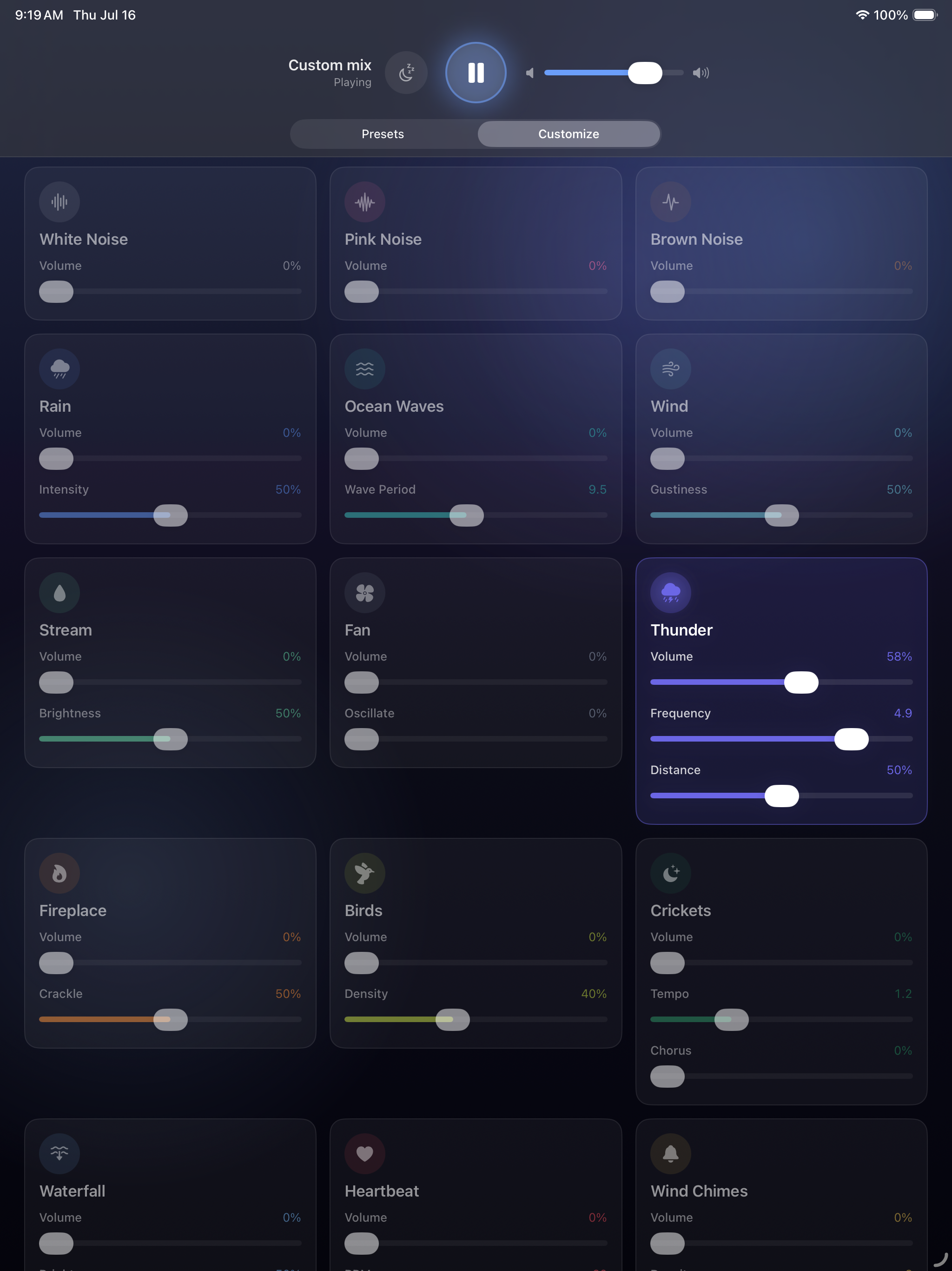 A custom mix on iPad &mdash; every layer with its own controls: white, pink and brown noise on volume alone, rain with intensity, ocean waves with a wave period, wind with gustiness, stream with brightness, fan with oscillation, thunder at 58% with frequency and distance, fireplace with crackle, birds with density, and crickets with tempo and chorus