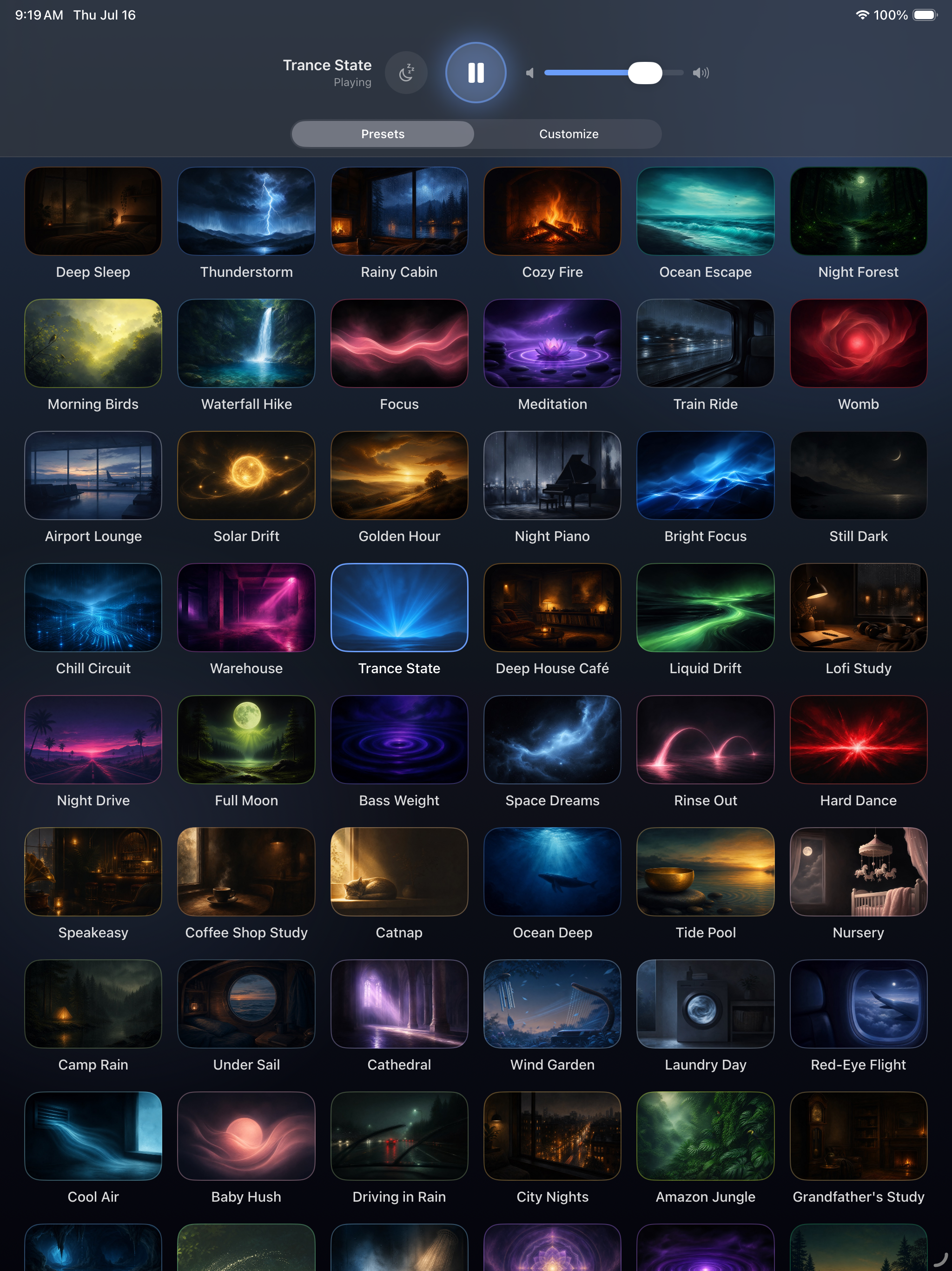 The presets on iPad &mdash; six tiles across and dozens deep, from Deep Sleep, Thunderstorm and Rainy Cabin through Chill Circuit, Warehouse, Trance State, Deep House Caf&eacute;, Liquid Drift and Lofi Study to Speakeasy, Catnap, Tide Pool, Nursery, Camp Rain, Cathedral, Laundry Day and Red-Eye Flight, with Trance State playing