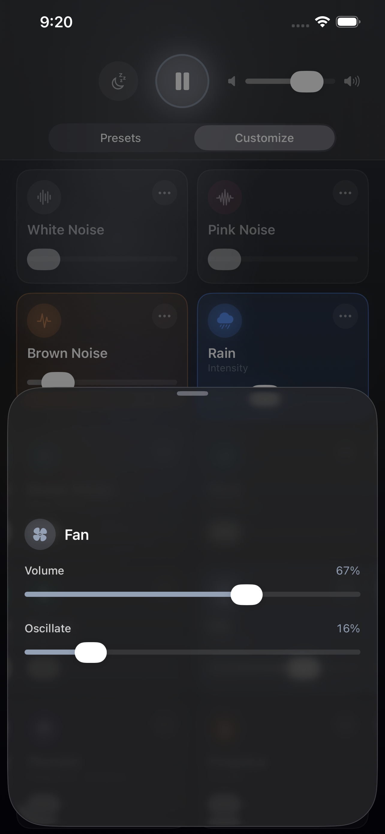 Building a mix on iPhone &mdash; white, pink and brown noise and rain each on their own volume slider, with the Fan layer opened to its own controls: volume at 67% and oscillation at 16%