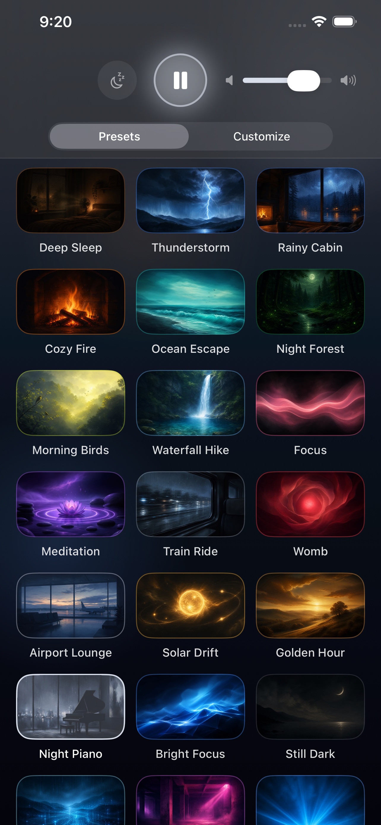 The presets on iPhone &mdash; illustrated tiles for Deep Sleep, Thunderstorm, Rainy Cabin, Cozy Fire, Ocean Escape, Night Forest, Morning Birds, Waterfall Hike, Focus, Meditation, Train Ride, Womb, Airport Lounge, Solar Drift, Golden Hour, Night Piano, Bright Focus and Still Dark, under a transport with a sleep timer, play/pause and volume
